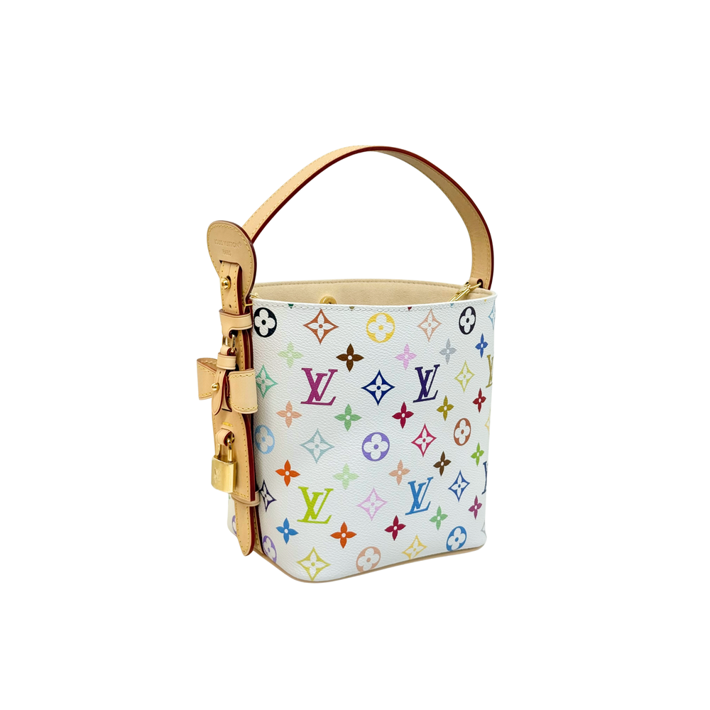 Louis Vuitton multicolor mini shoulder bag with tan top handle and beige interior lining