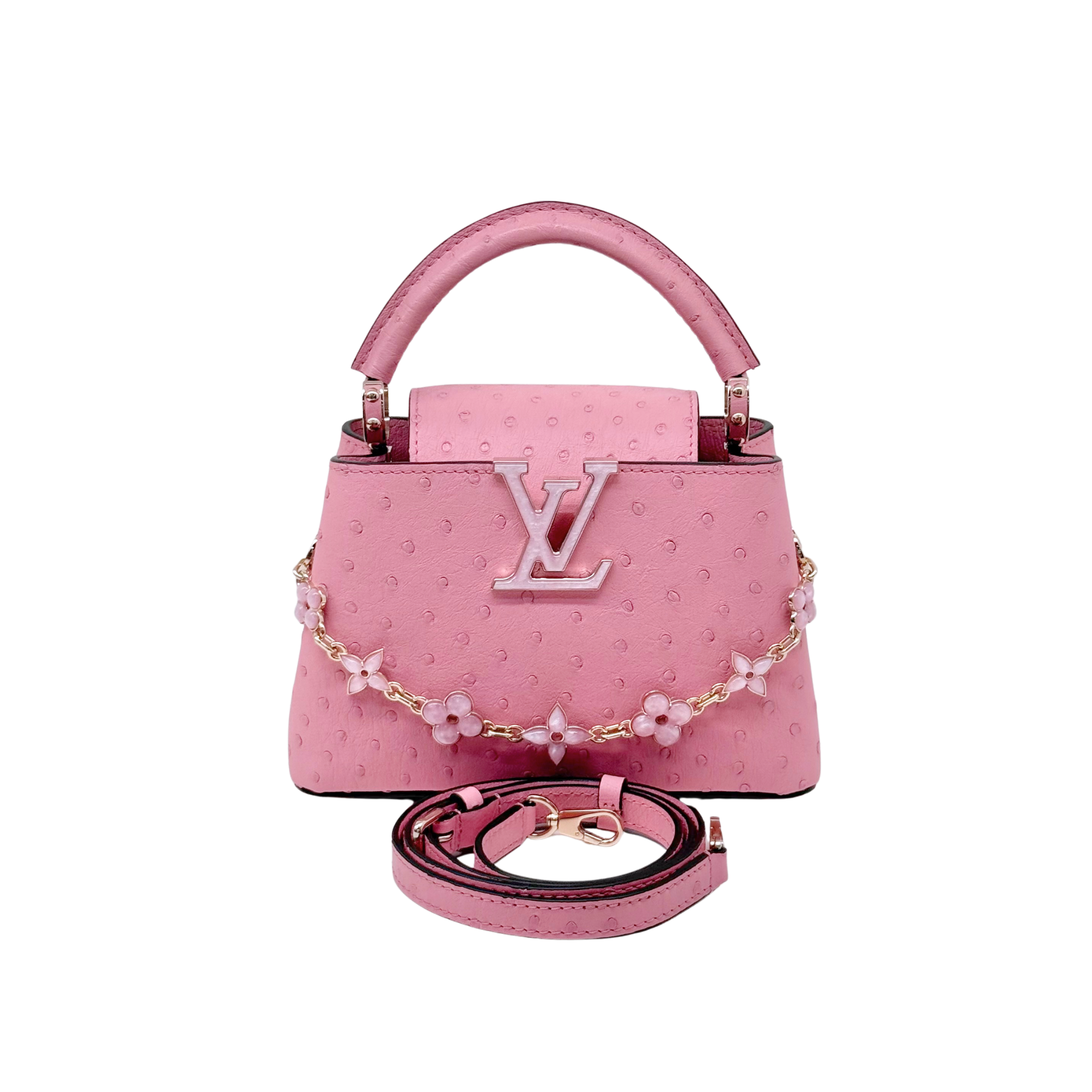 Louis Vuitton Pink Ostrich Mini Capucines Bag with flower chain limited edition (brand new)