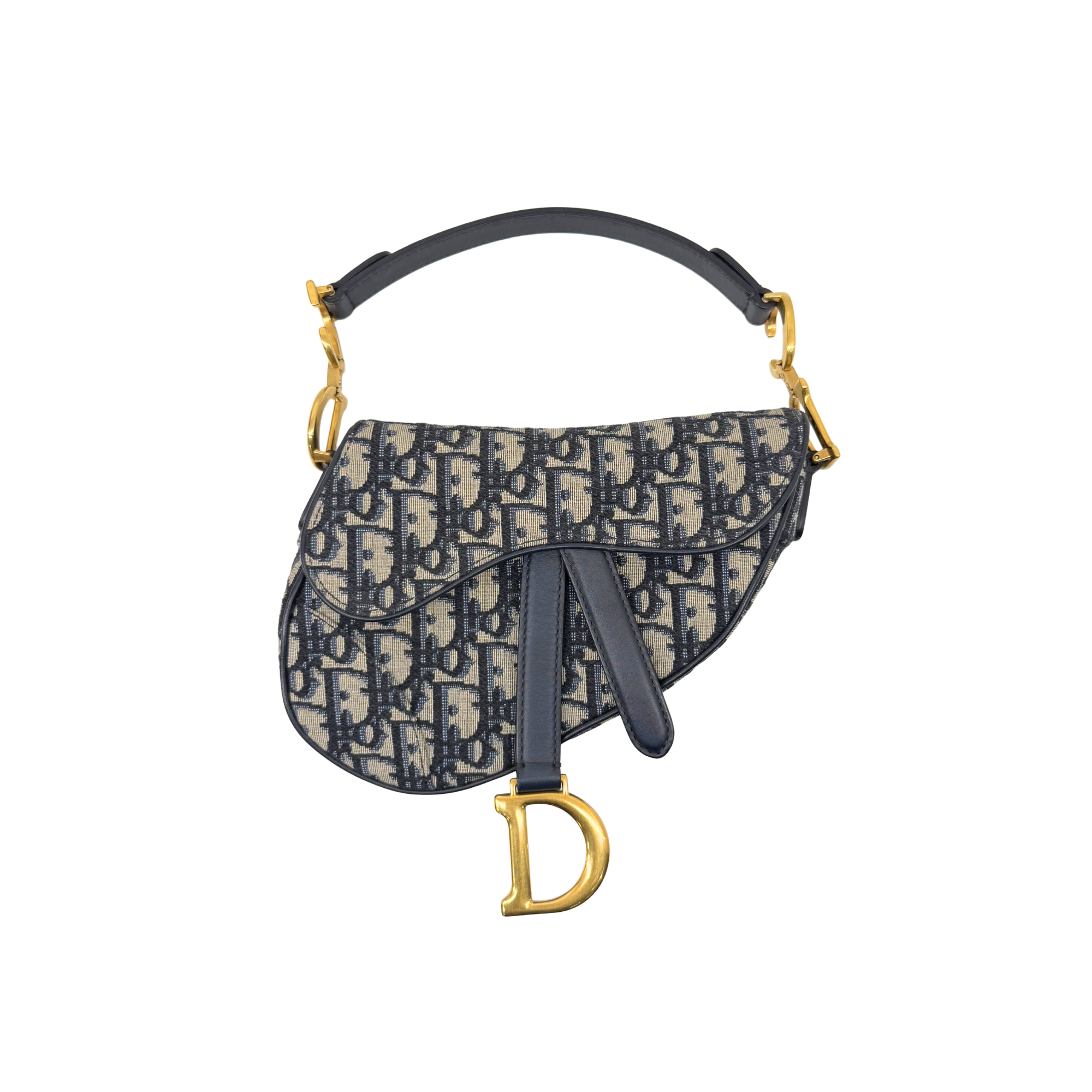 Pre-owned Dior saddle bag front view with monogram canvas, black strap, gold D charm