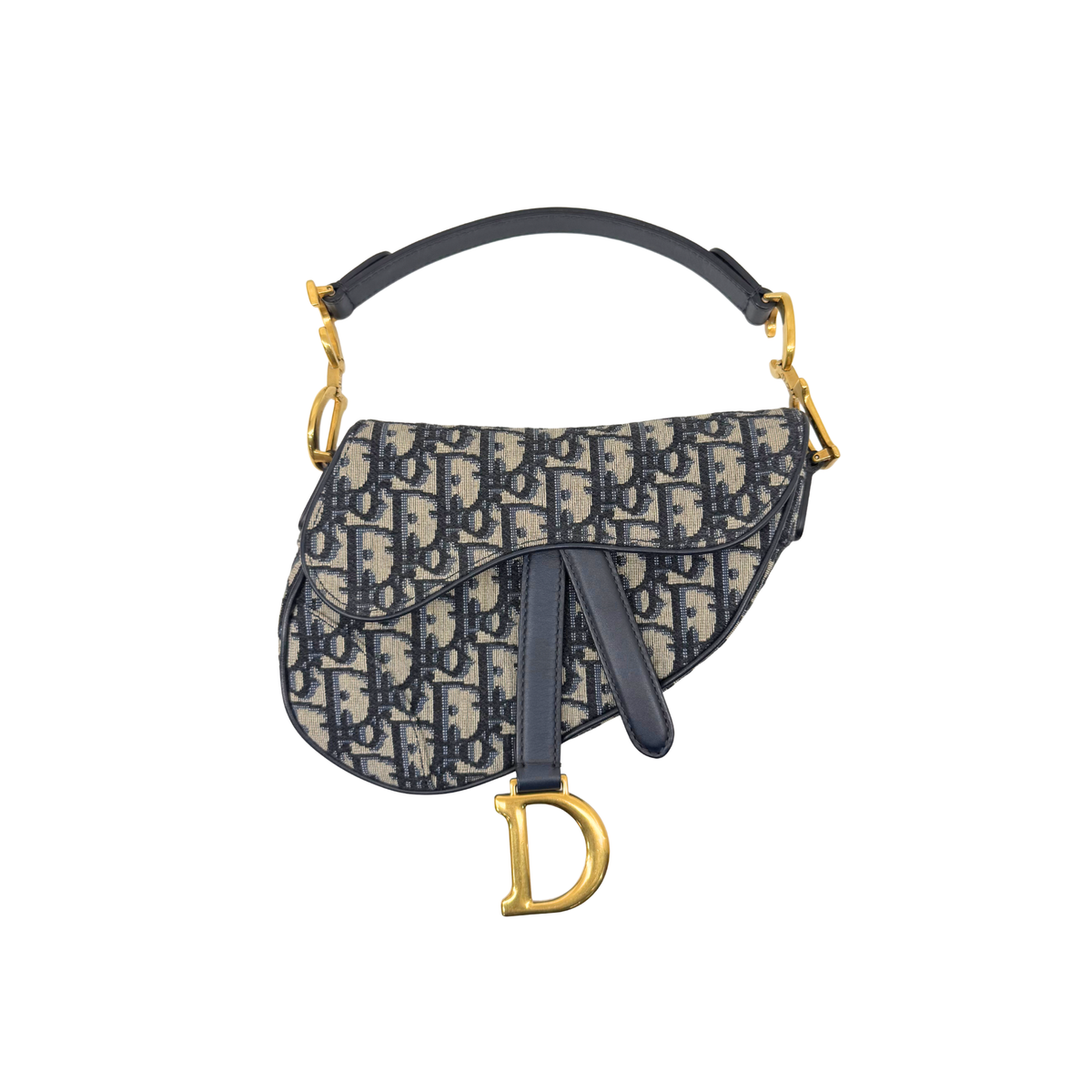 Pre-owned Dior saddle bag front view with monogram canvas, black strap, gold D charm