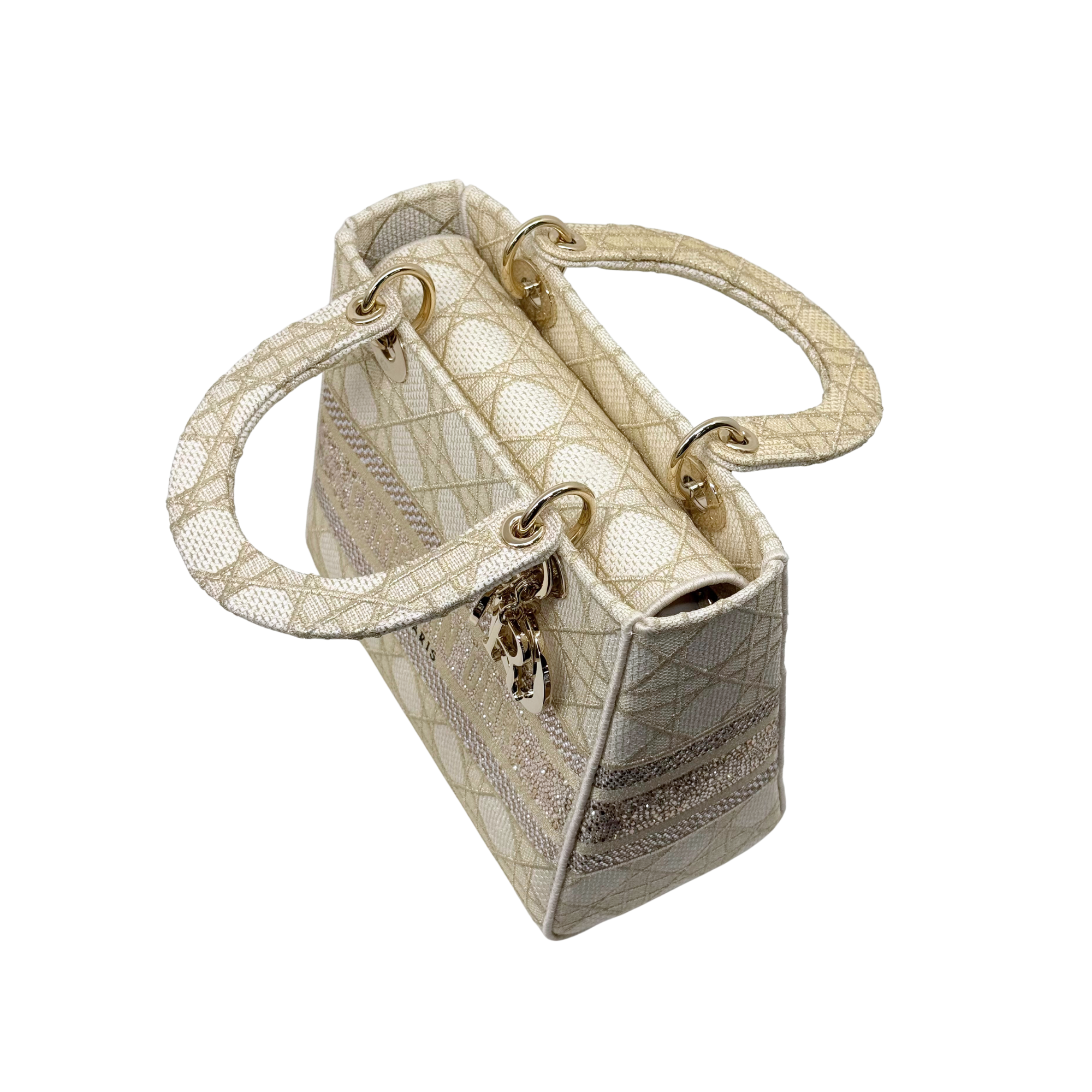Christian Dior Medium Lady D-Lite bag, beige embroidered canvas, side view with strap