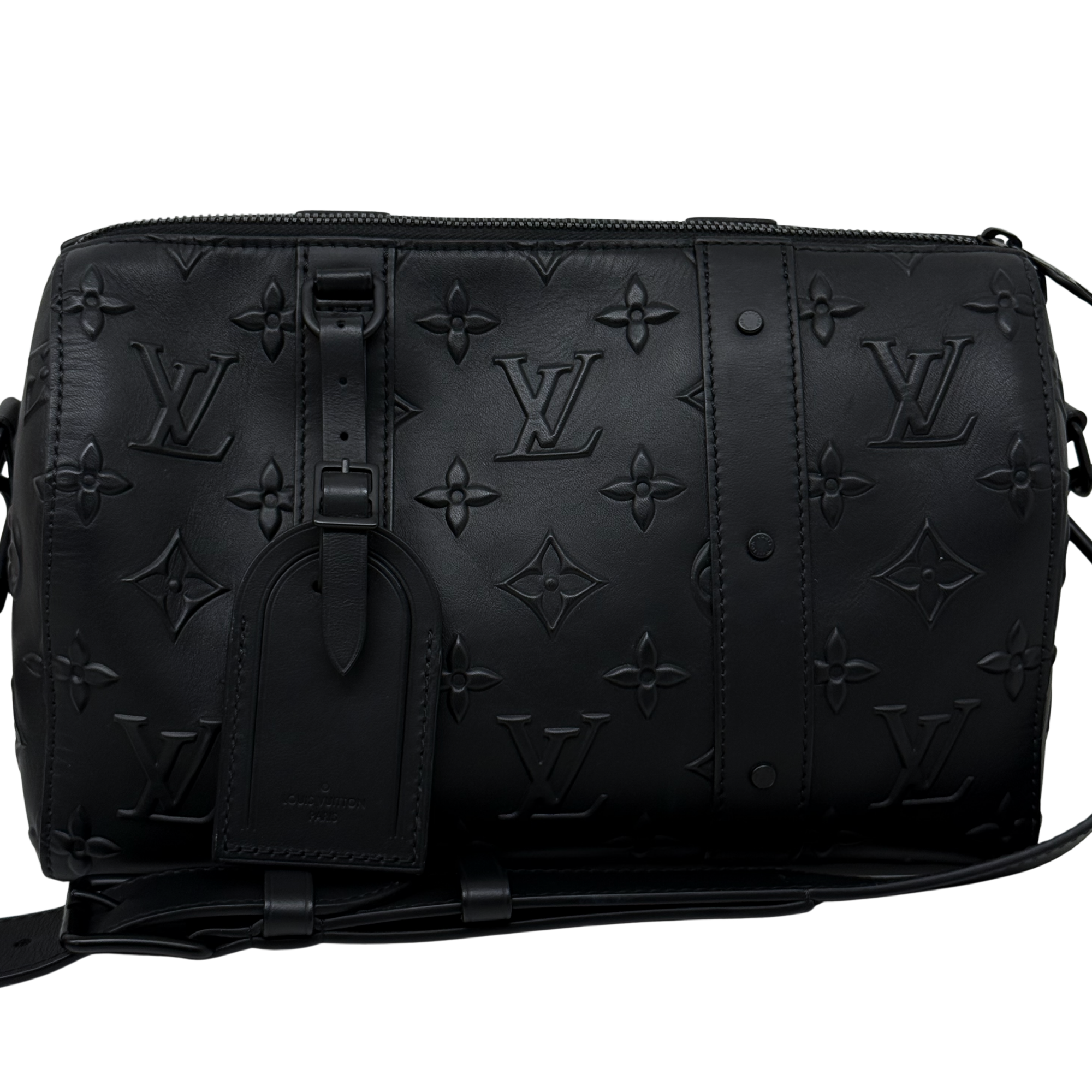 Black Louis Vuitton monogram crossbody bag with front patch and hanging strap detail