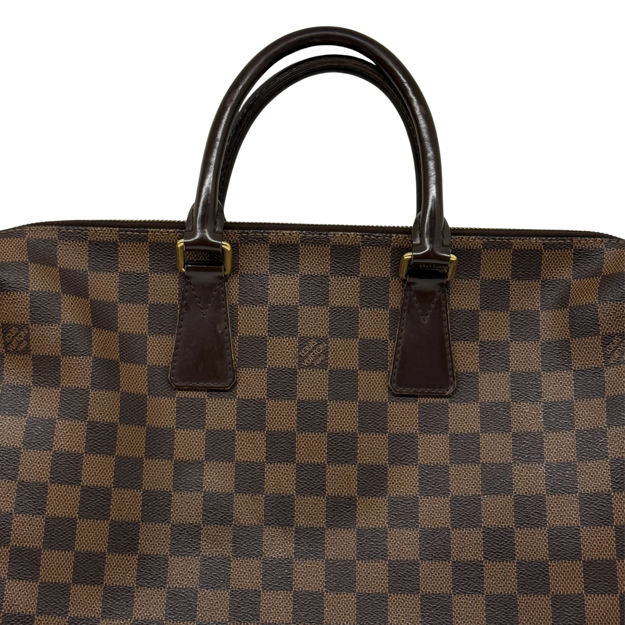 Damier Ebene tote bag with brown leather handles and front straps, top view
