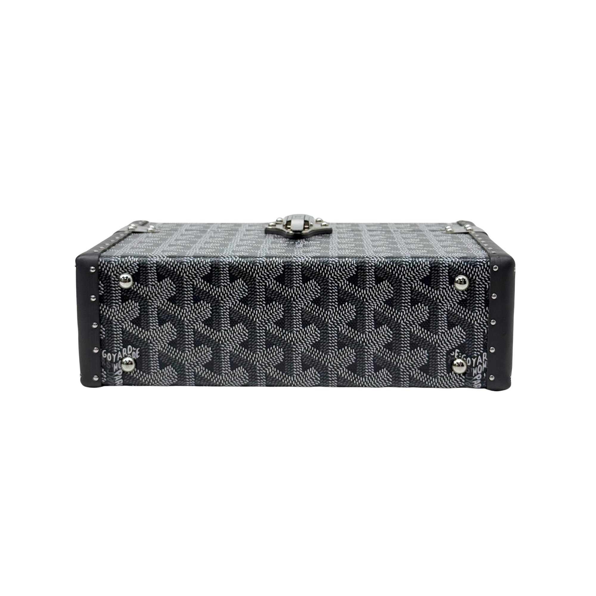 Goyard trunk side view with silver handle and studded black frame on patterned exterior