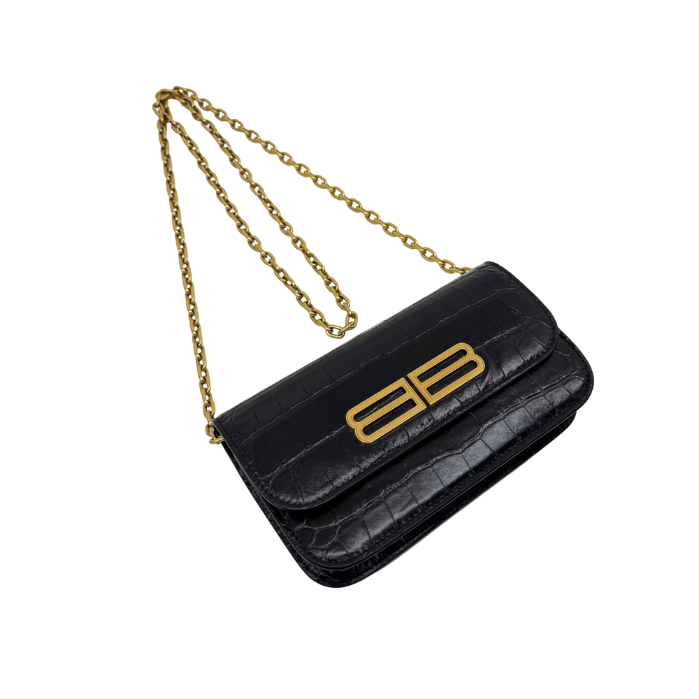 Black croc-embossed leather shoulder bag with gold B logo and gold chain strap, flap.