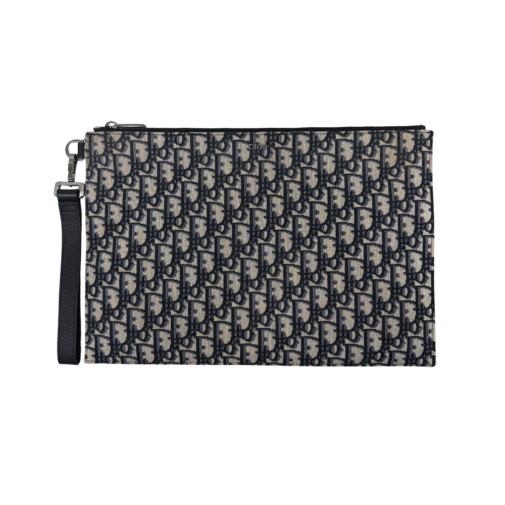 Dior pre-owned patterned canvas pouch with black leather trim and wrist strap