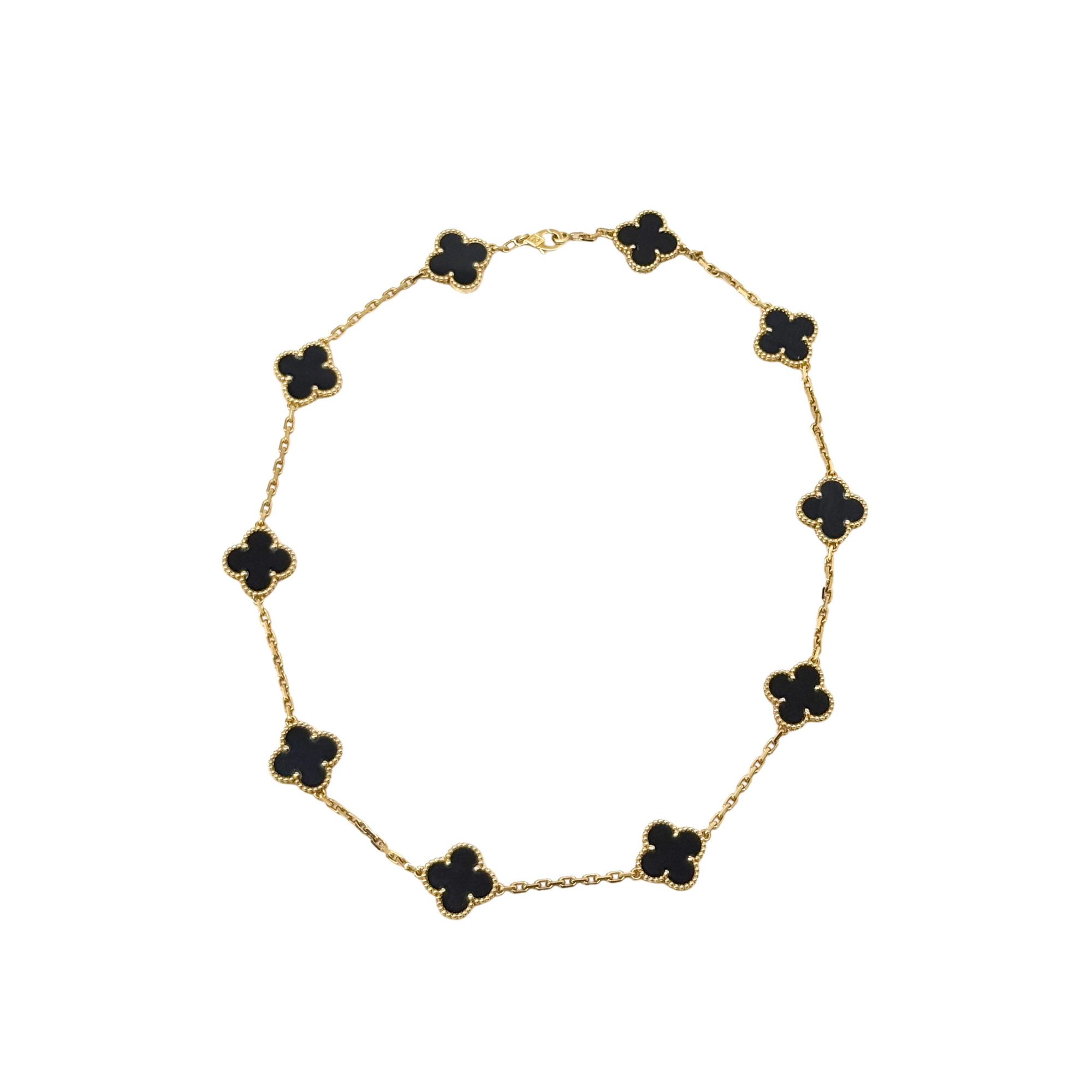 Van Cleef clover necklace full round view with gold-tone chain and black motif links