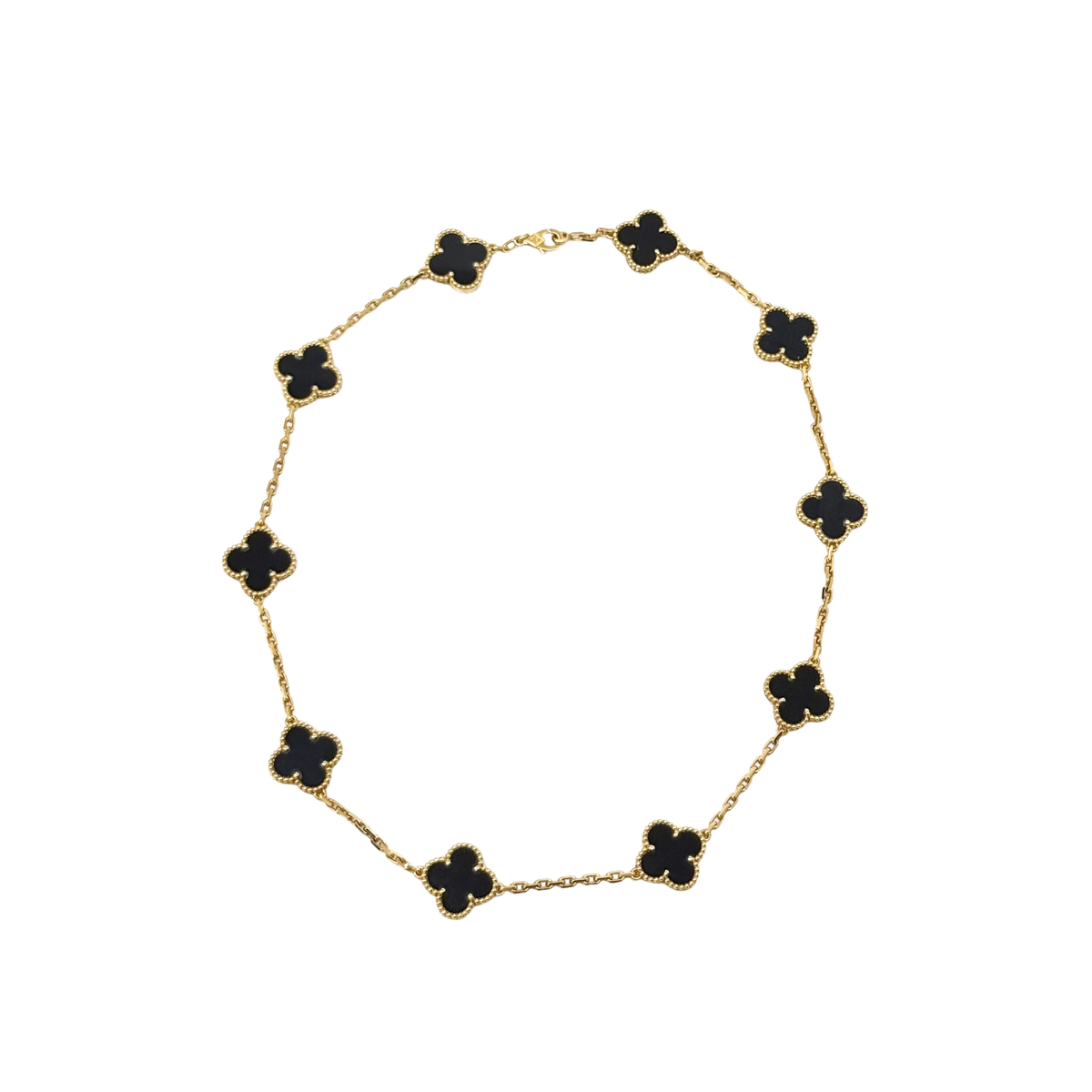 Van Cleef clover necklace full round view with gold-tone chain and black motif links