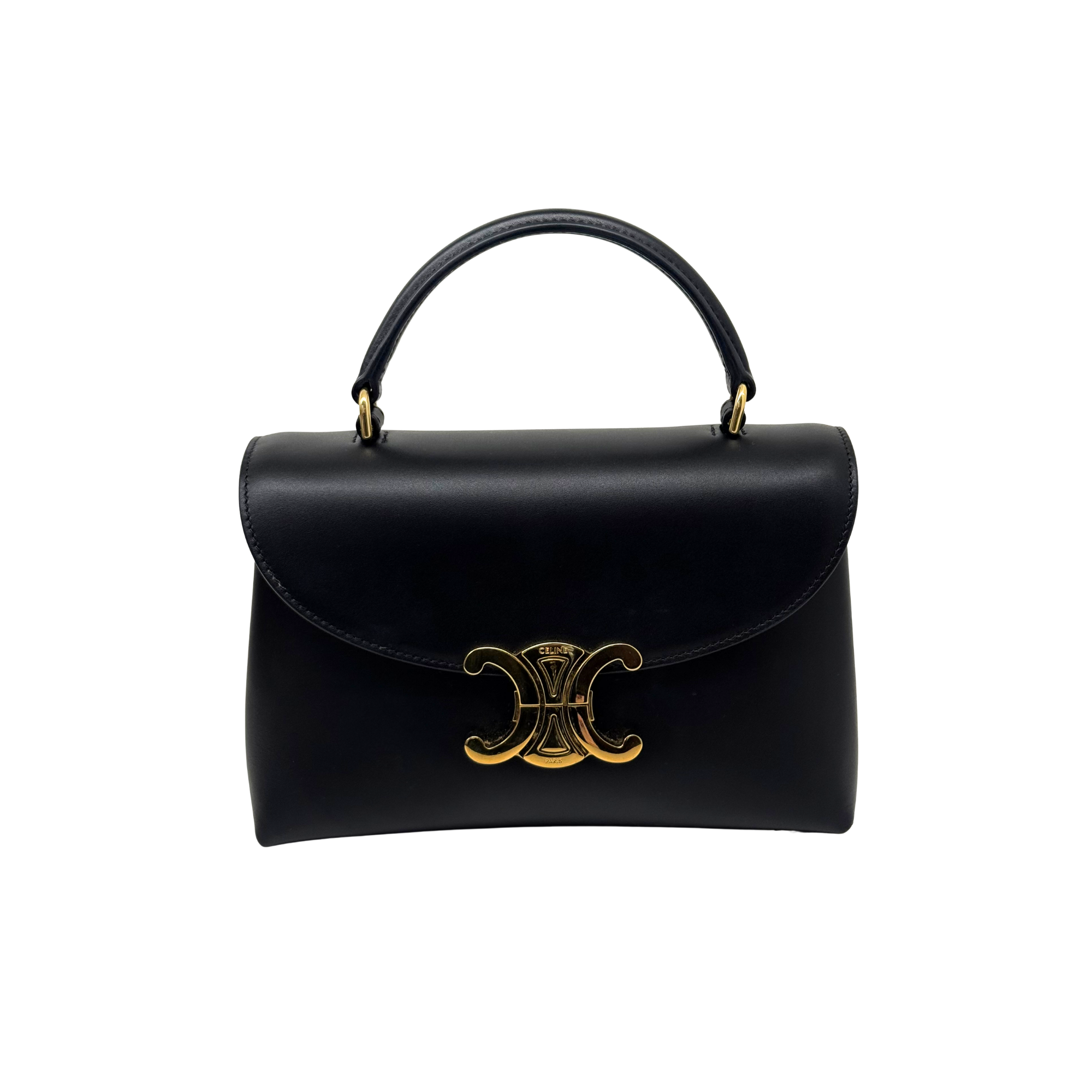 Pre-owned Celine black leather top-handle handbag with gold logo clasp