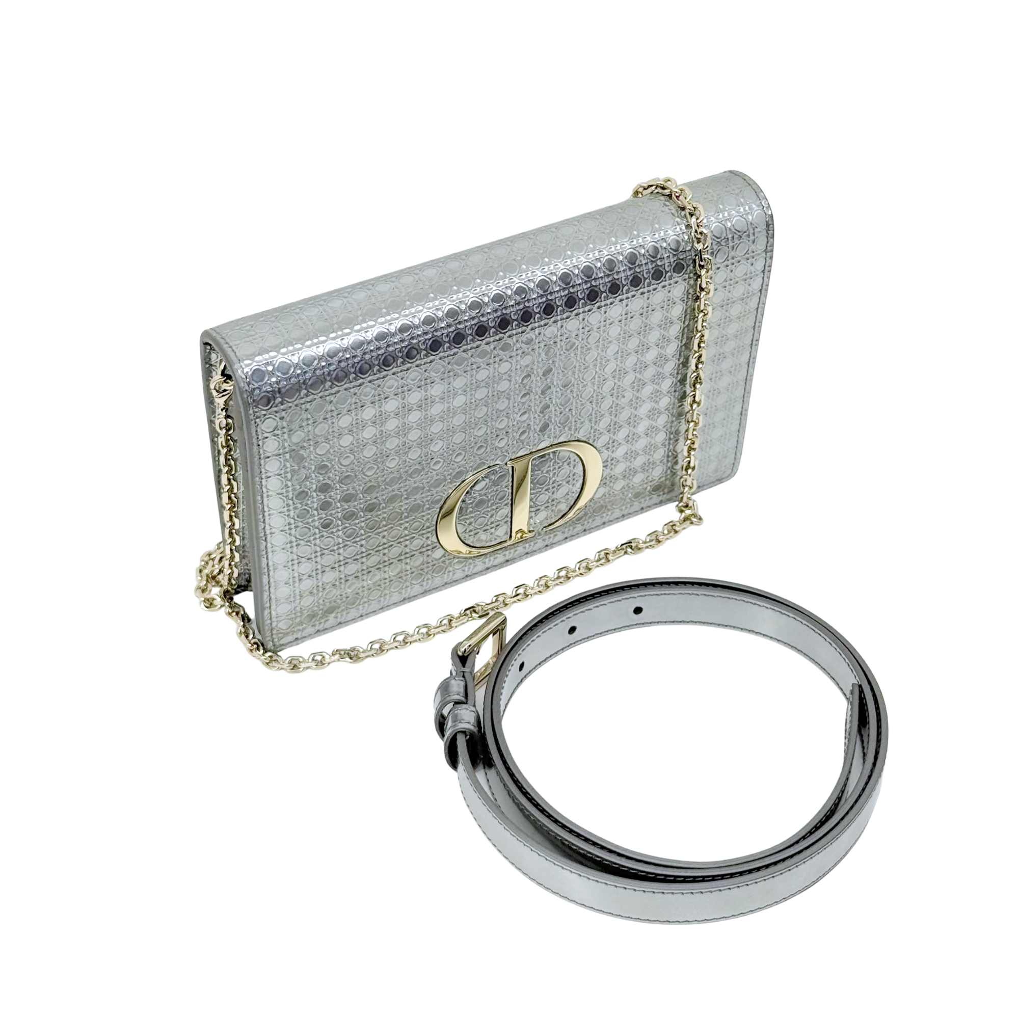 Christian Dior Metallic Silver Micro Cannage 30 Montaigne 2-in-1 Pouch (pre-owned)