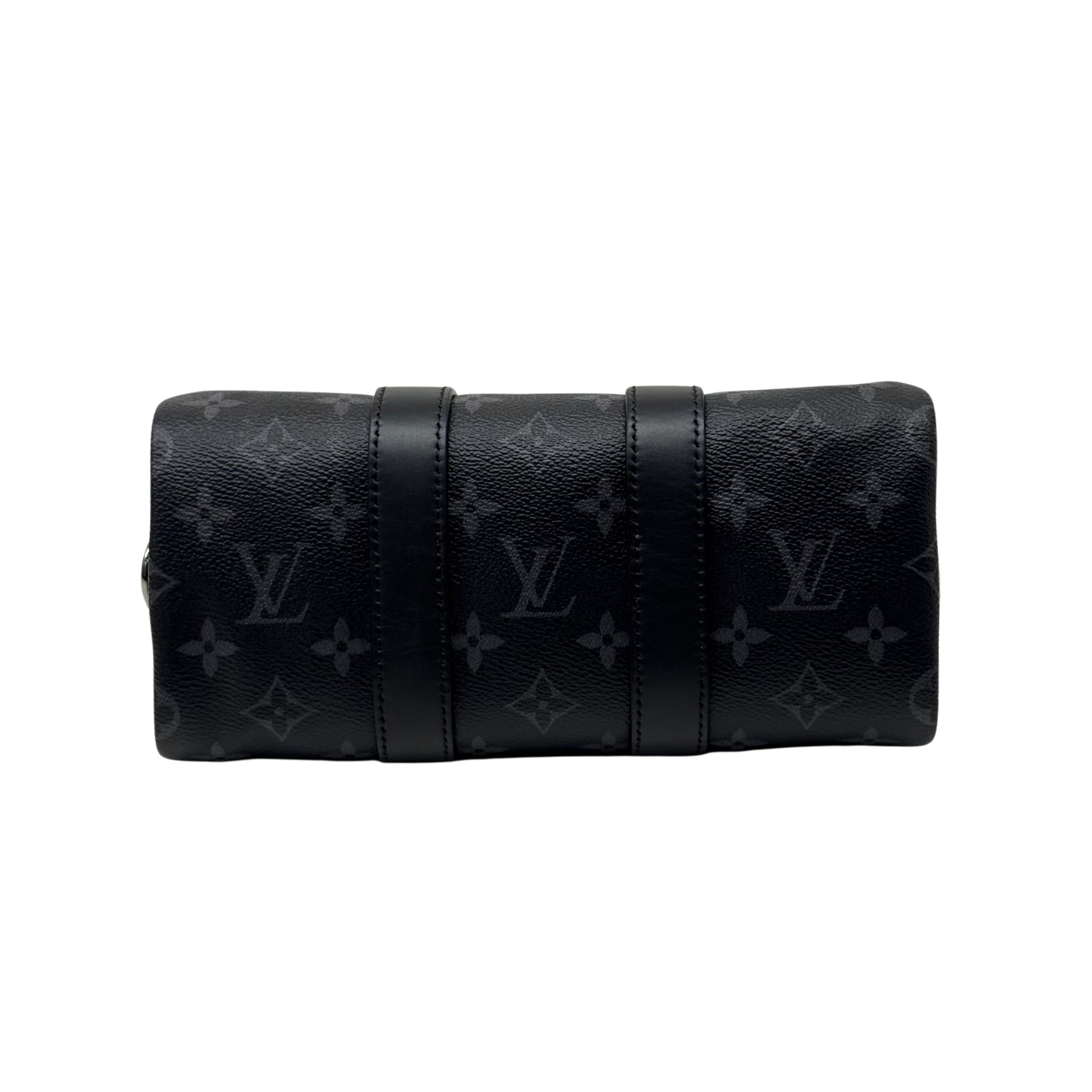 Black monogram duffel-style bag with long horizontal leather straps