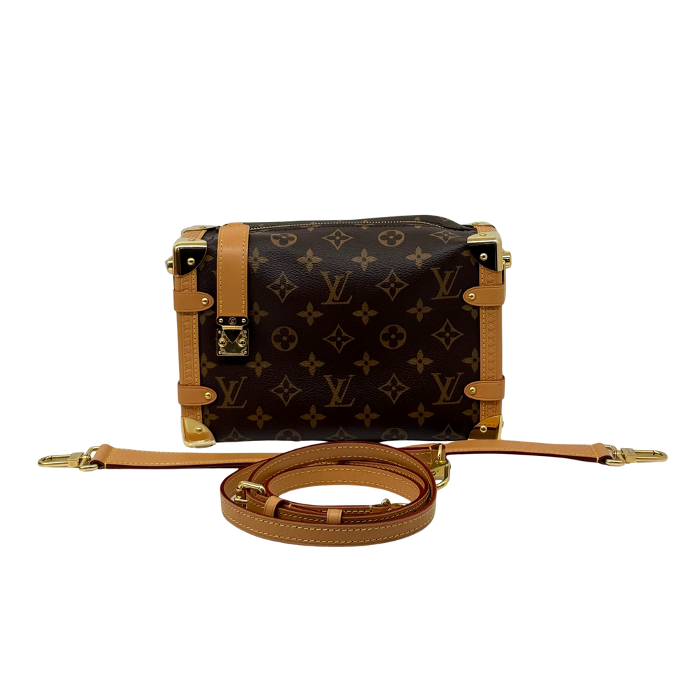 Monogram crossbody bag with front buckle detail and long shoulder strap, brown with tan trim