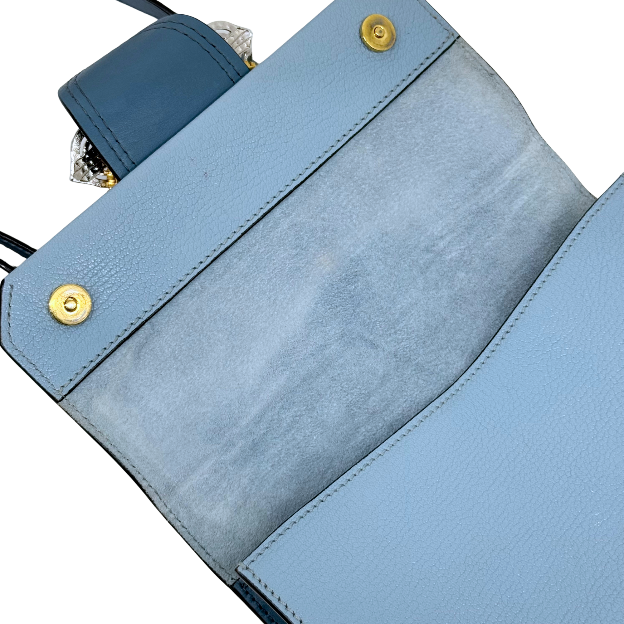Pre-owned Miu Miu light blue bag interior with flap and gold snap hardware