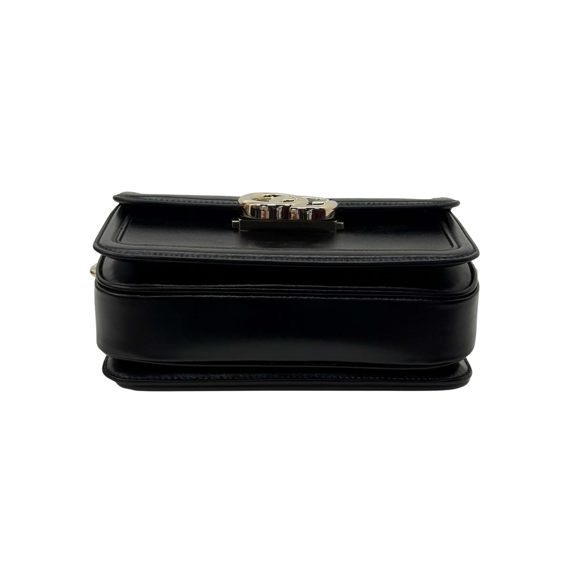 Black leather flap bag with gold-tone turn-lock clasp