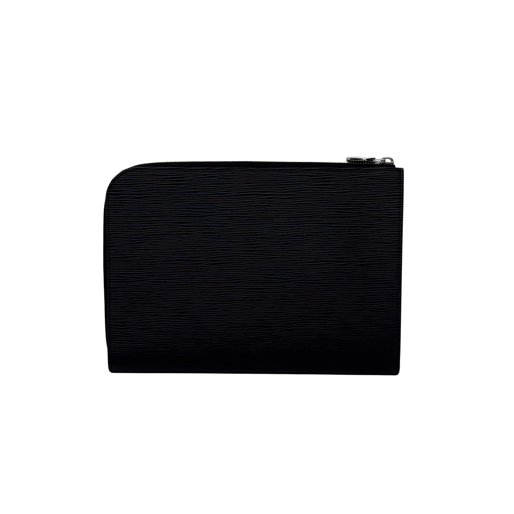 Louis Vuitton black leather wallet front with small top hardware detail
