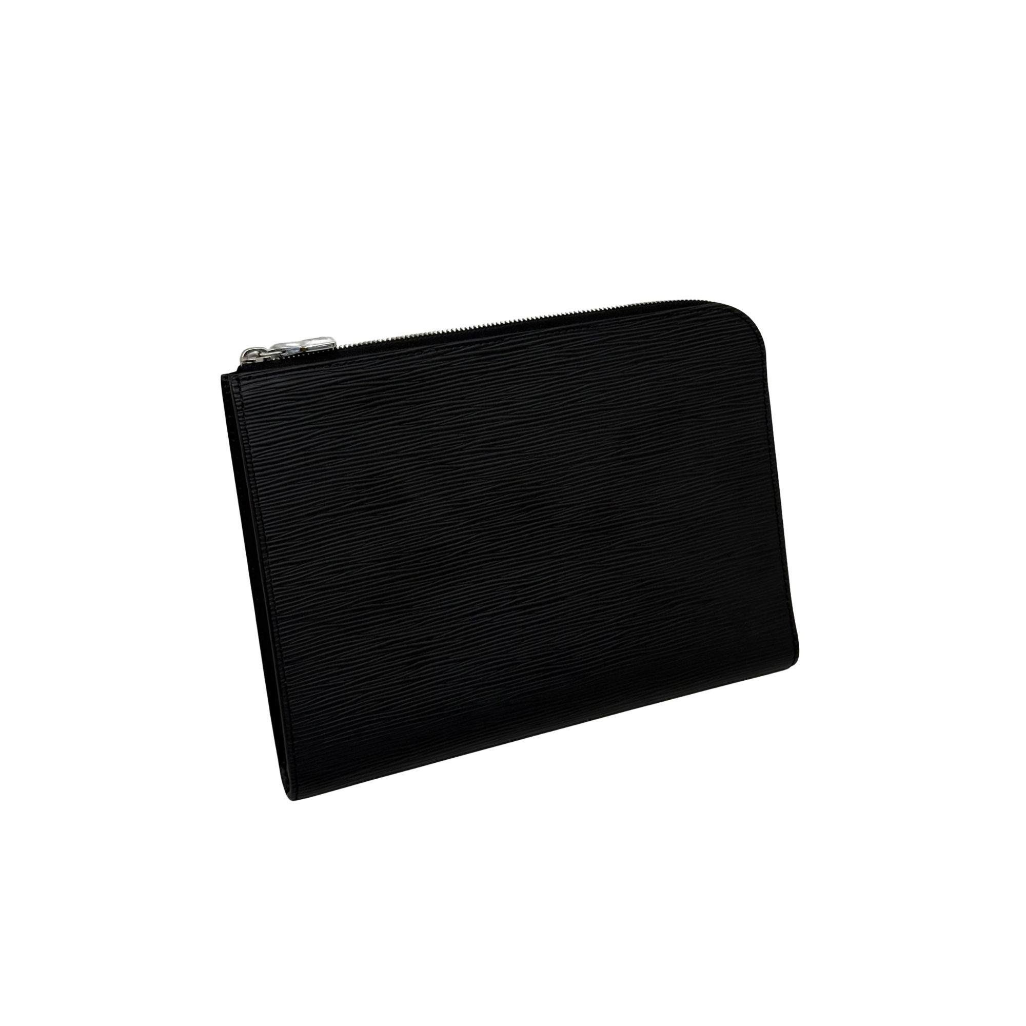 Louis Vuitton black leather zip wallet angled view with slim profile and top zipper