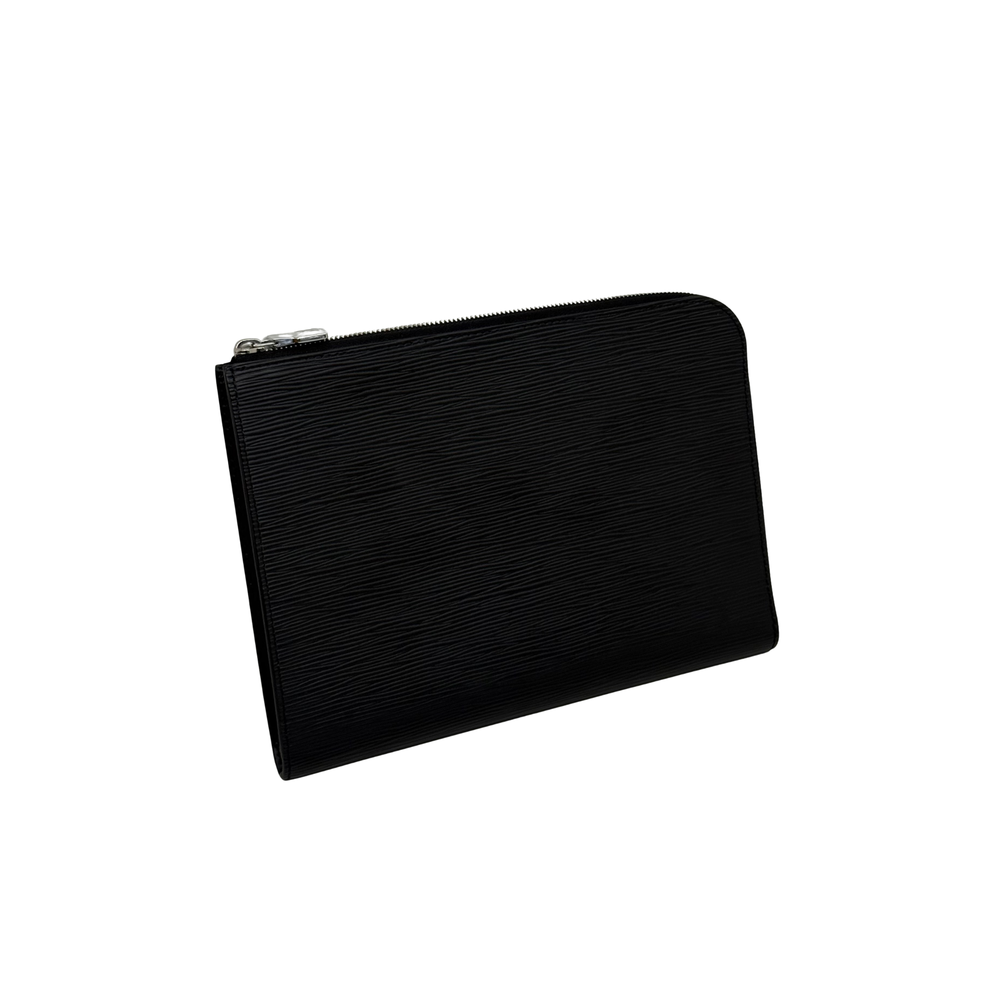 Louis Vuitton black leather zip wallet angled view with slim profile and top zipper