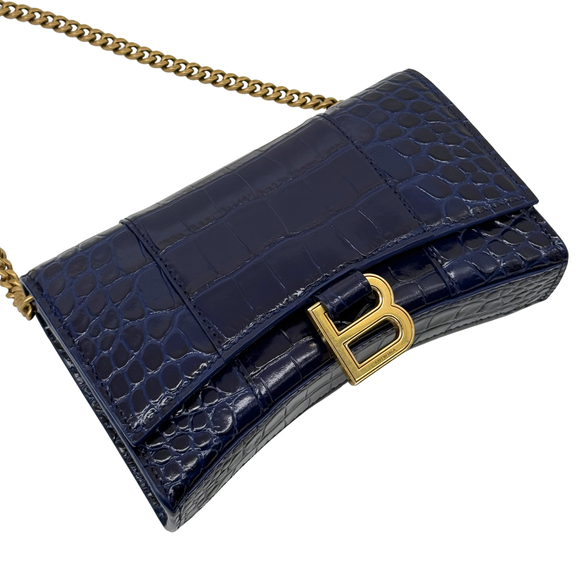 Balenciaga blue croc-embossed calfskin Hourglass wallet on chain
 (brand new)