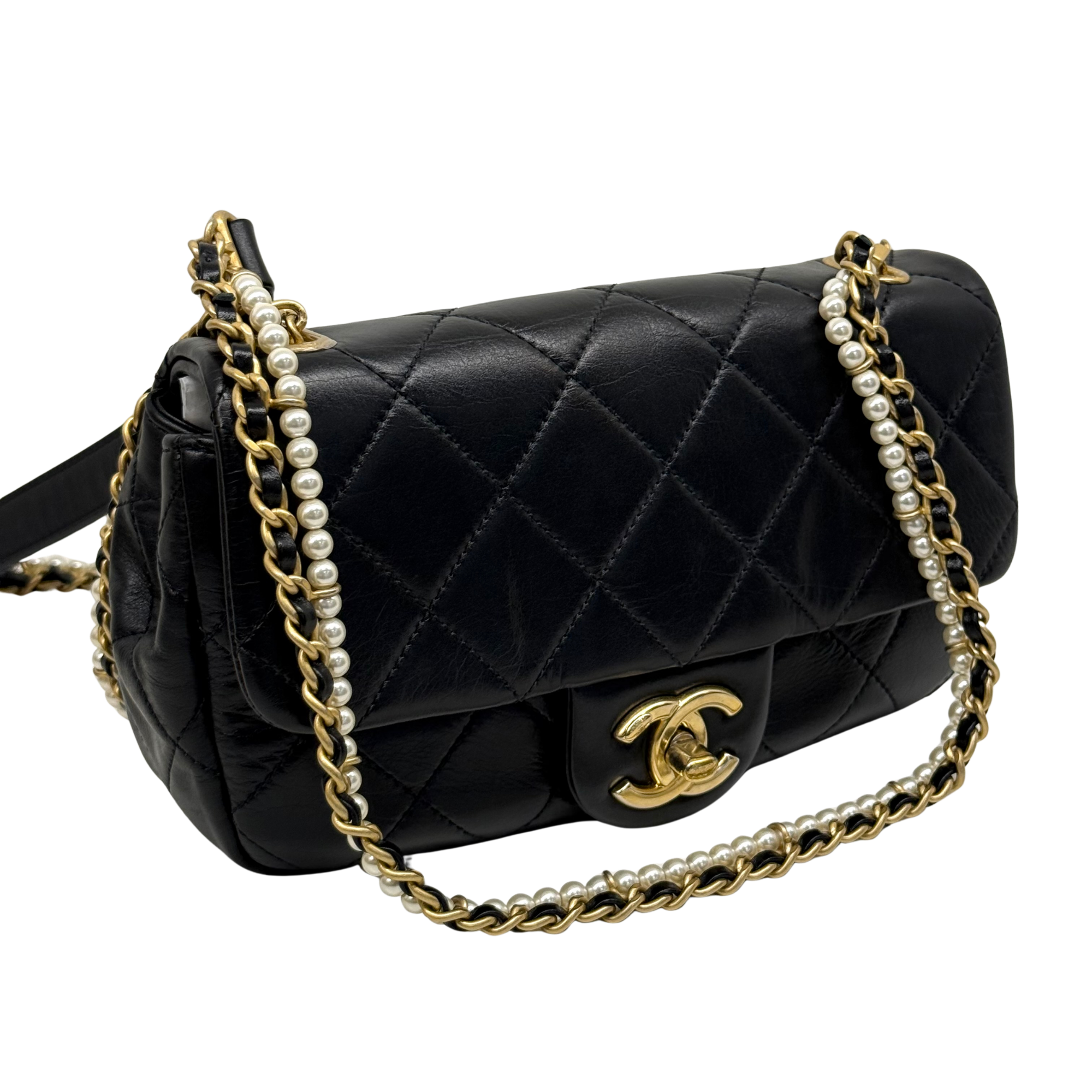 Chanel black bag with pearl strap