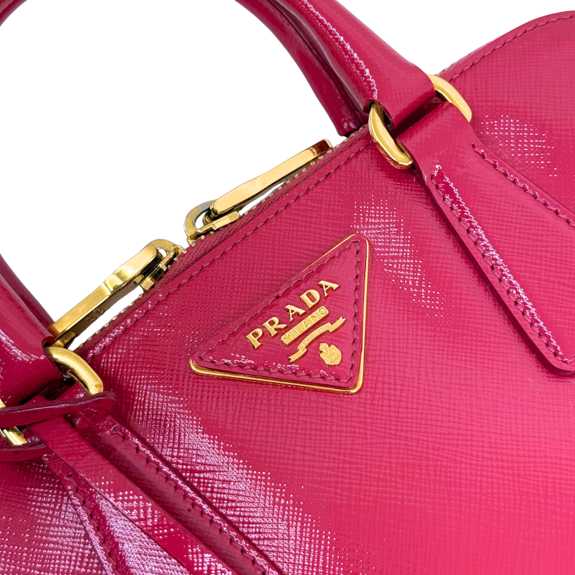 Prada pink handbag front logo plaque with gold chain strap hardware
