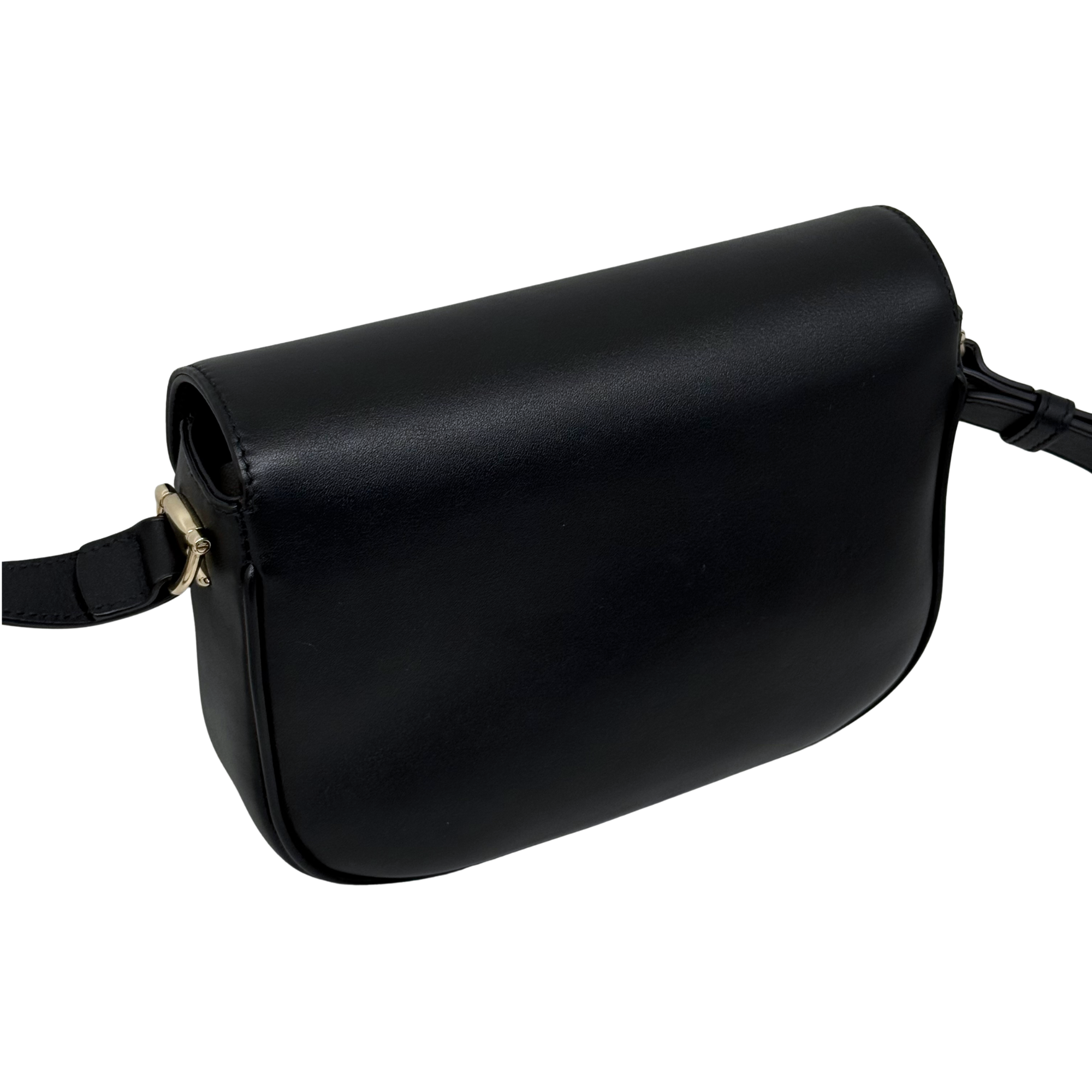 Gucci black leather flap shoulder bag with curved shape and side clasp
