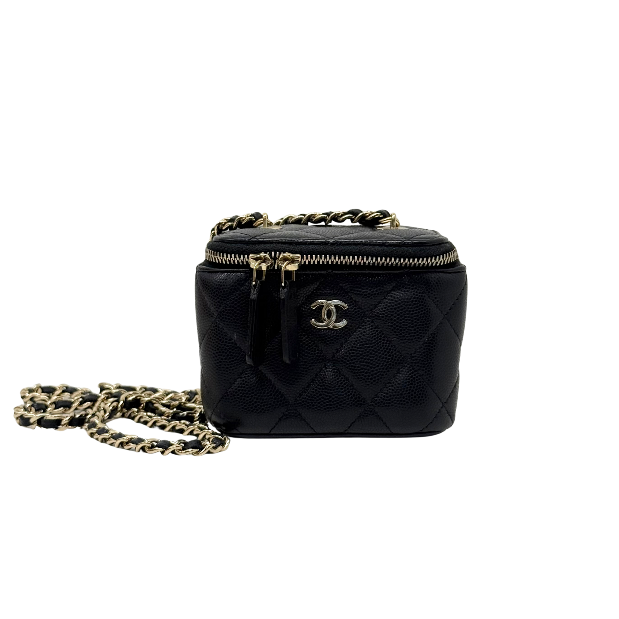 Pre-owned Chanel black quilted mini pouch front view with gold zipper and CC emblem