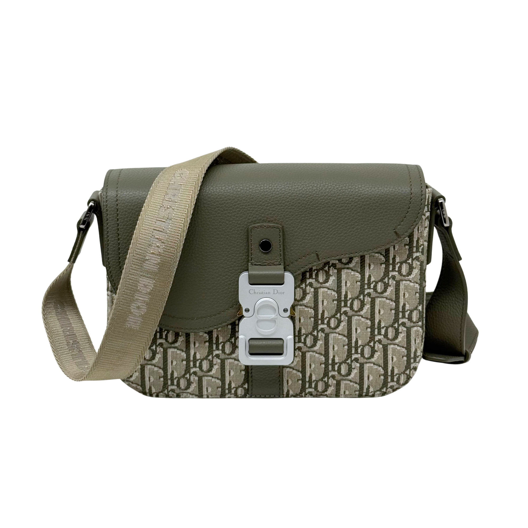 Dior crossbody bag with olive flap and beige monogram pattern, shoulder strap