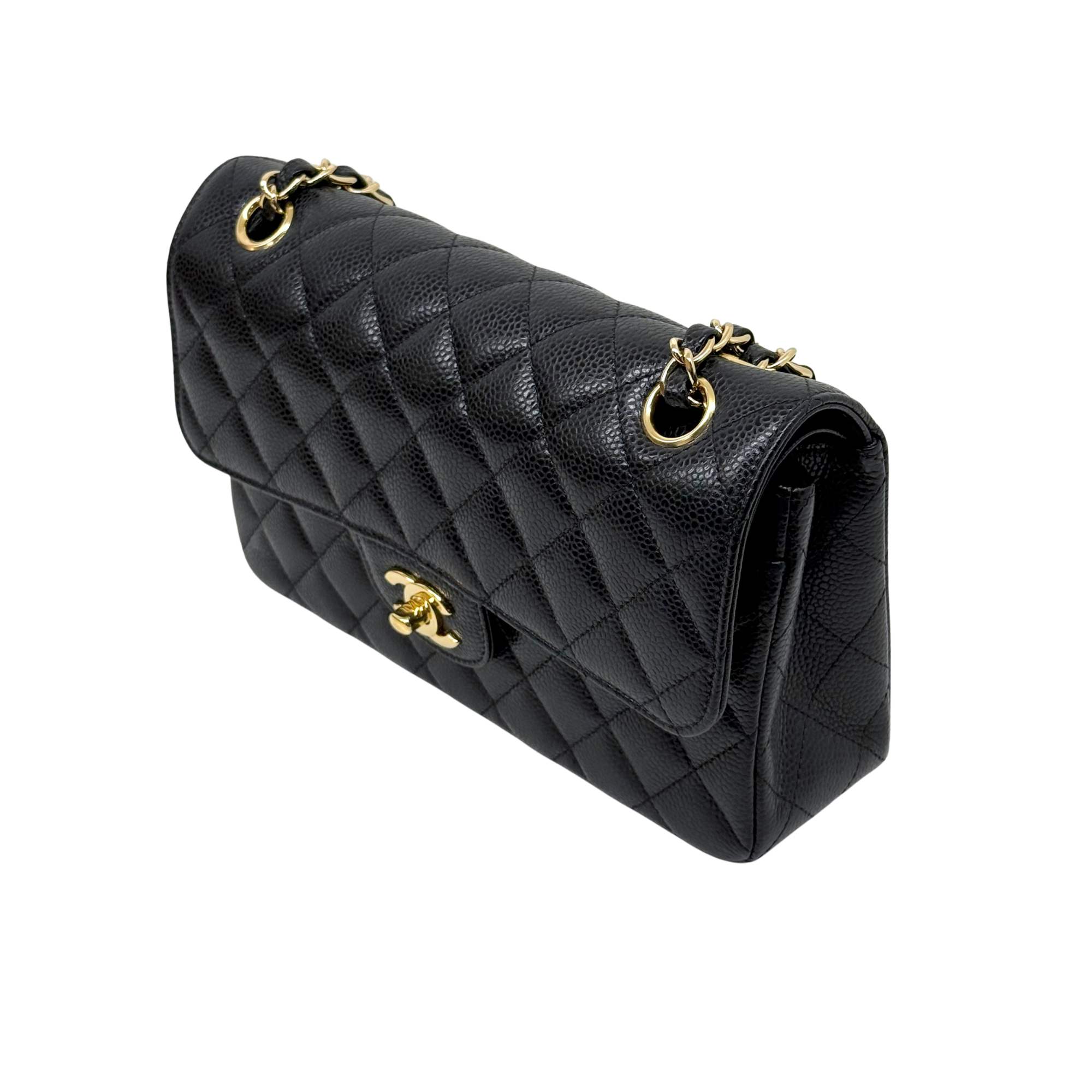 Chanel black bag caviar leather gold hardware