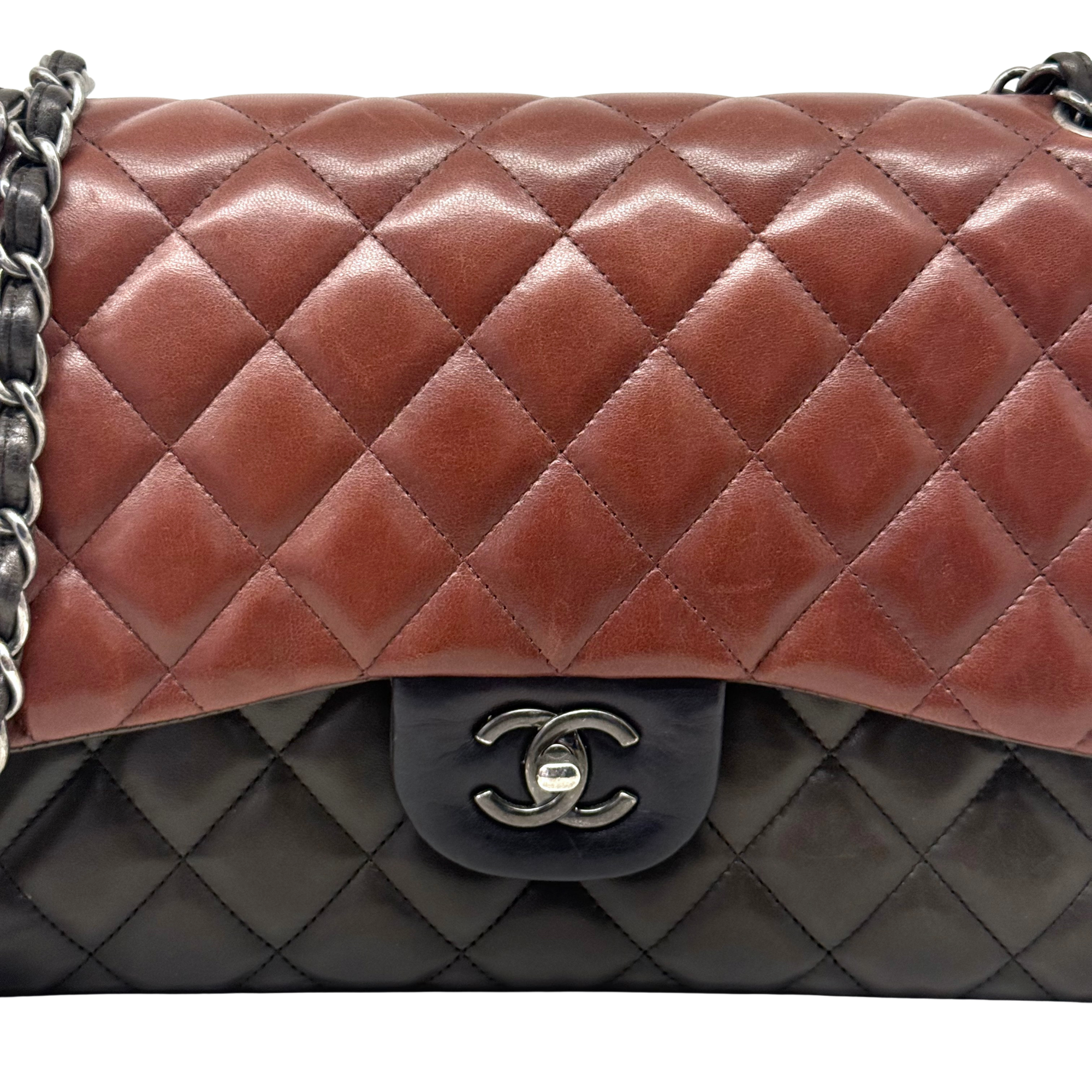 Chanel Paris-Edinburgh Classic Medium Burgundy Brown Black Lambskin Leather Double Flap Bag (pre-owned)