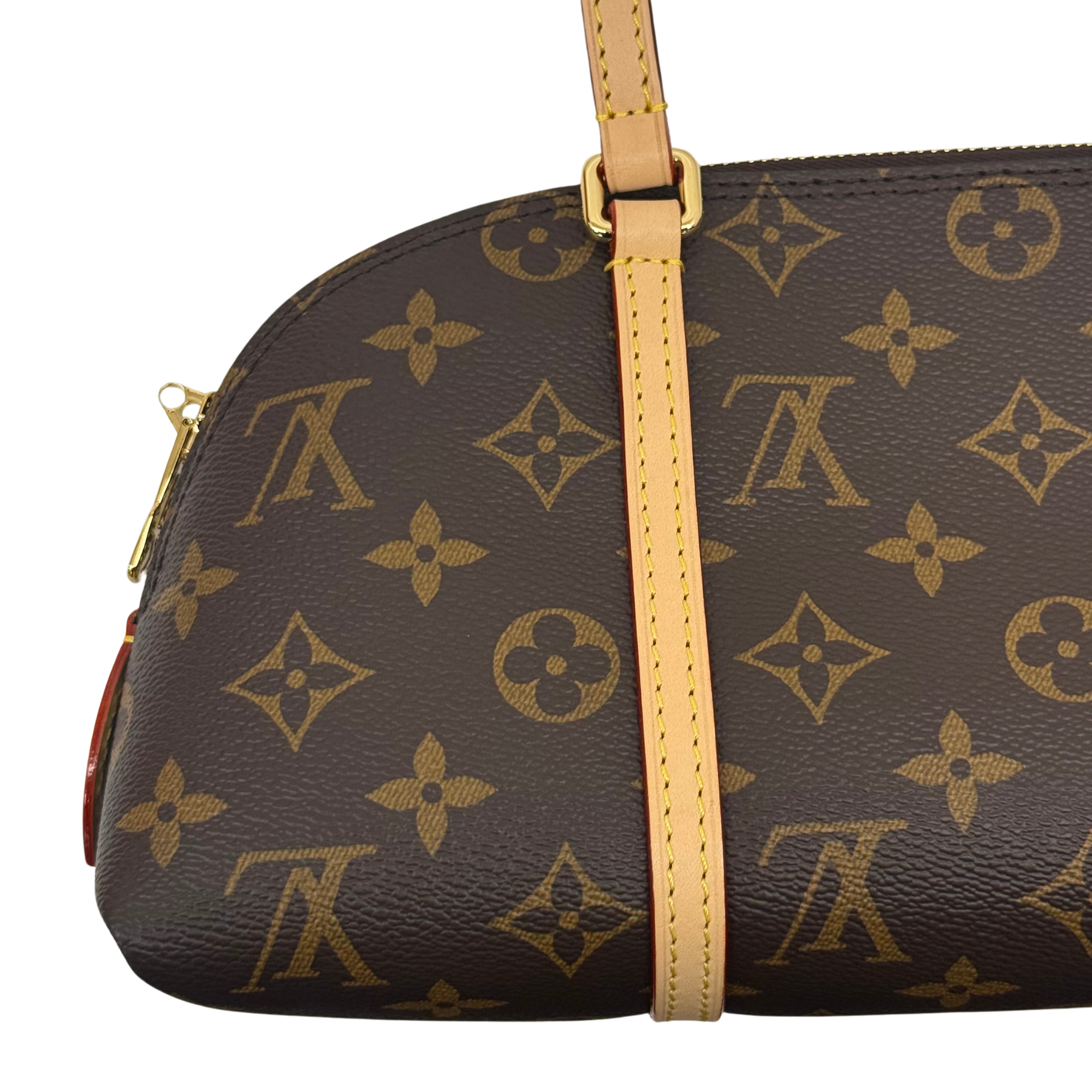 Louis Vuitton pre-owned monogram barrel bag, tan strap centered on dark brown leather