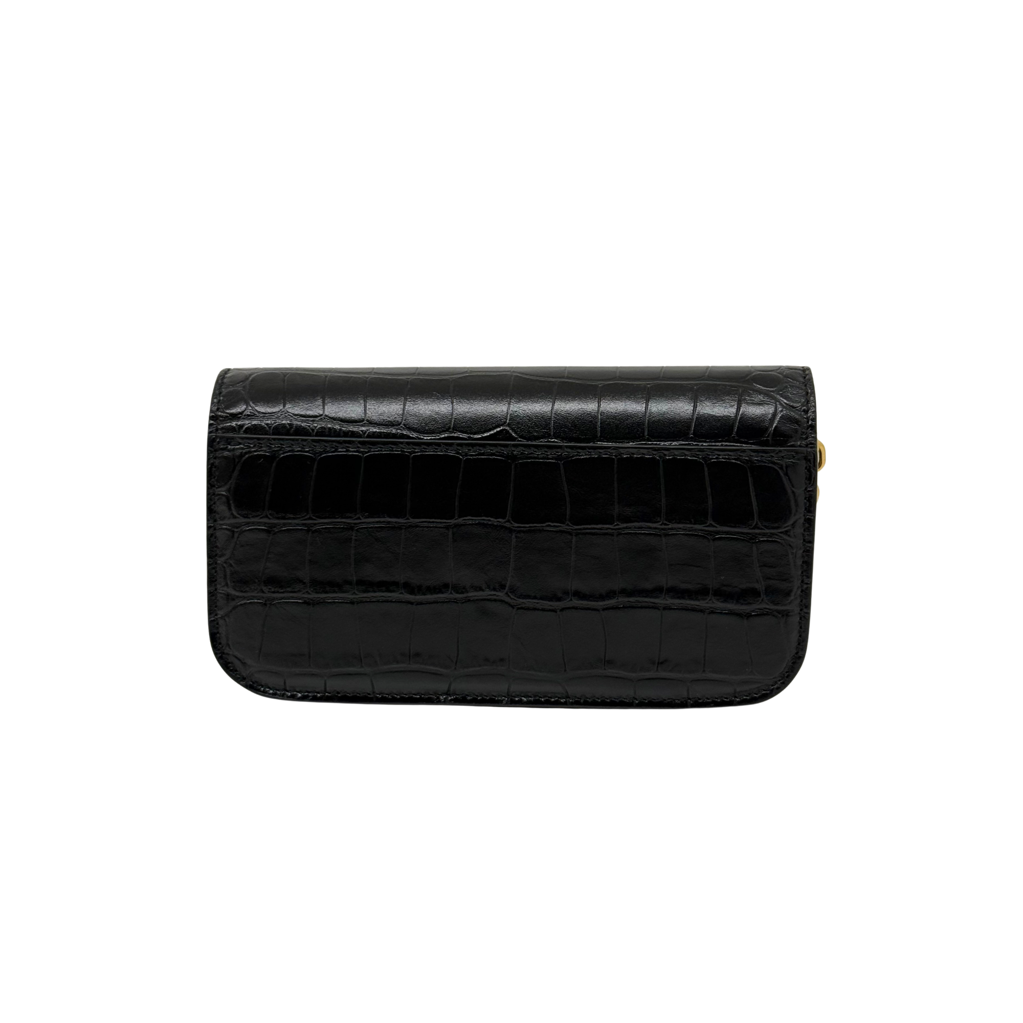 Black croc-embossed flap shoulder bag with gold chain and button closure