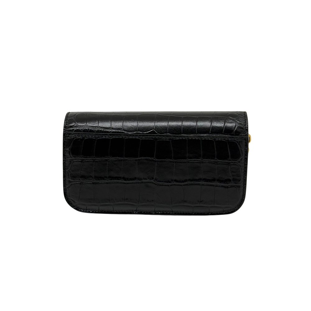 Black croc-embossed flap shoulder bag with gold chain and button closure