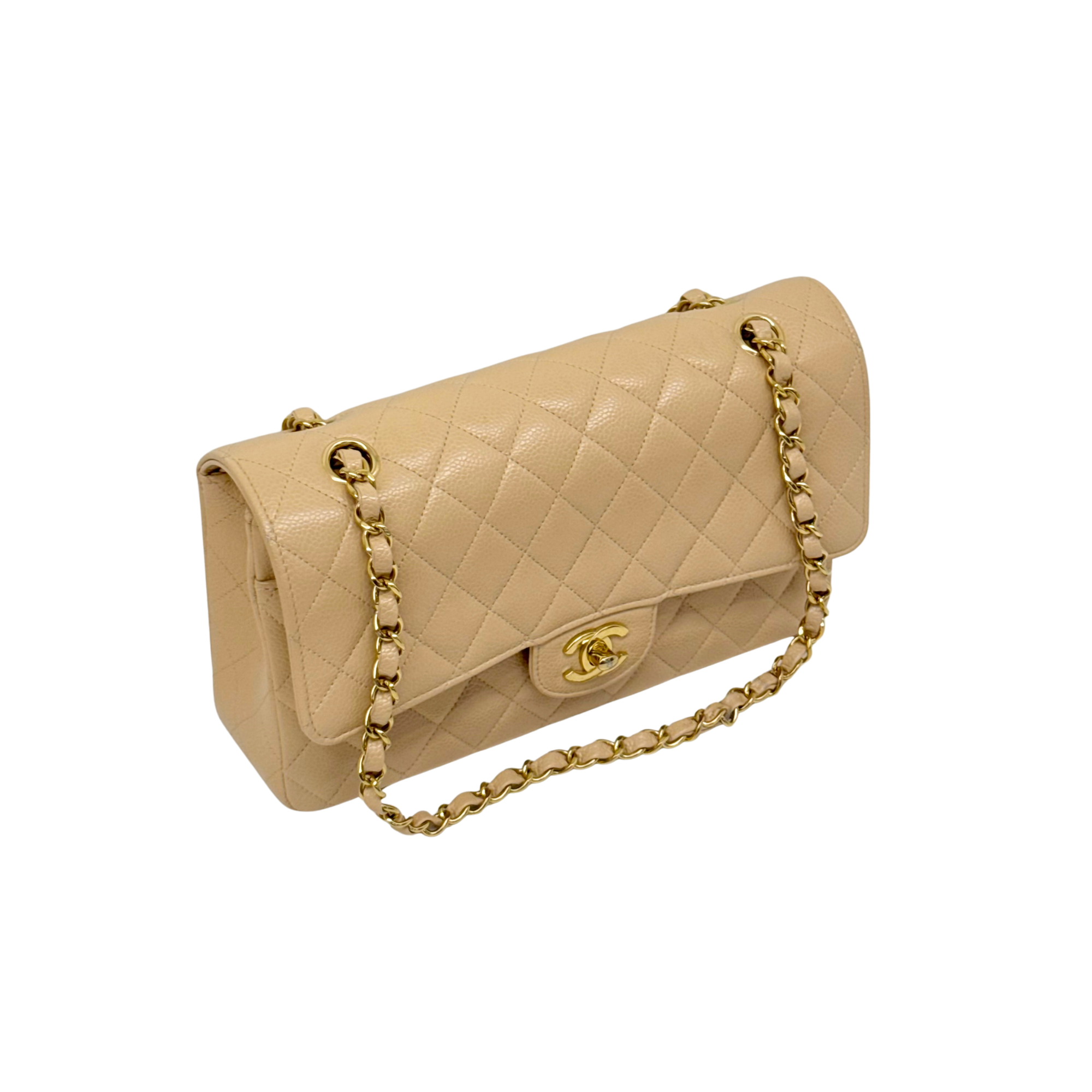 Chanel Beige Quilted Caviar Leather Medium Classic Double Flap Bag microchipped (pre-owned)