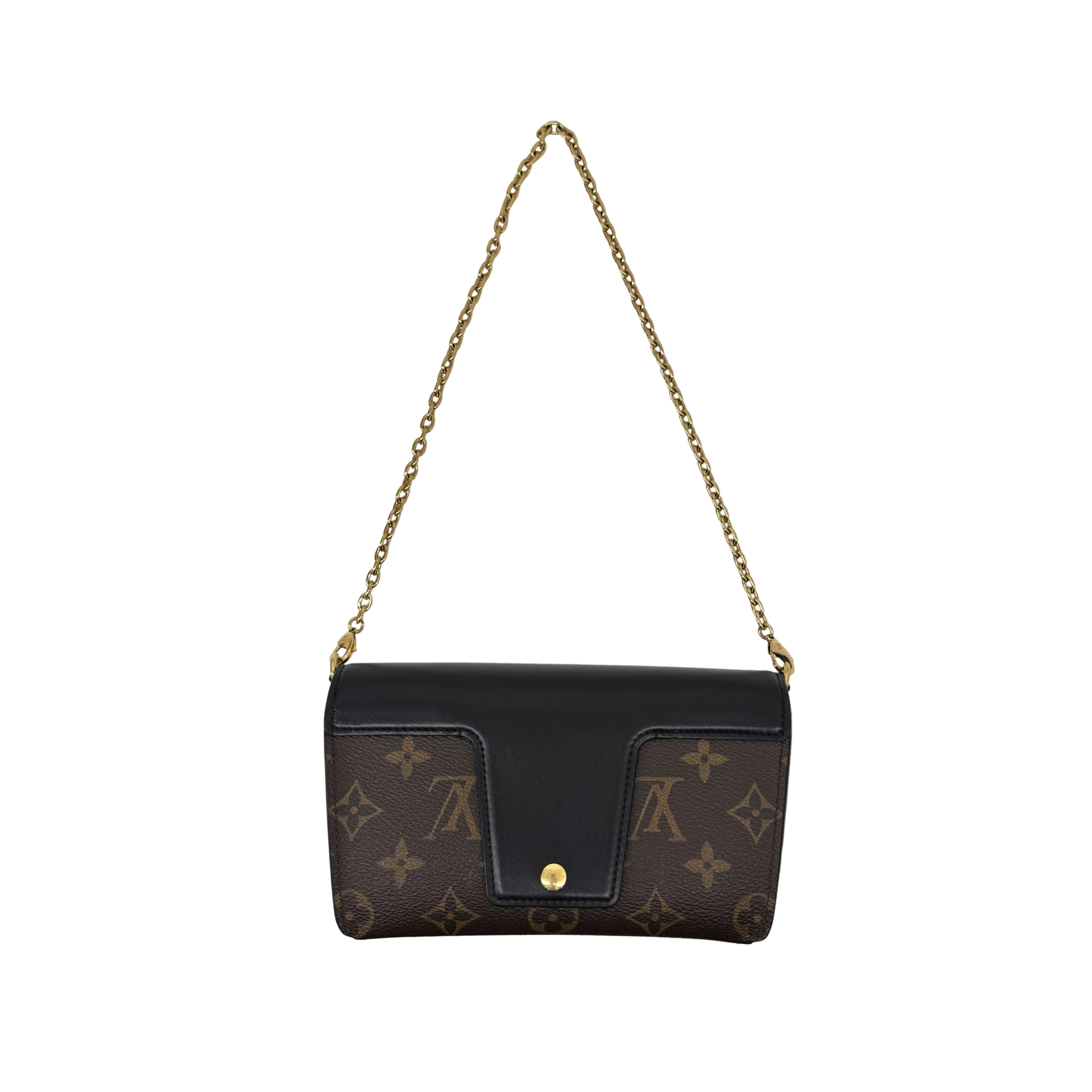 Monogram mini shoulder bag with chain strap and front snap closure