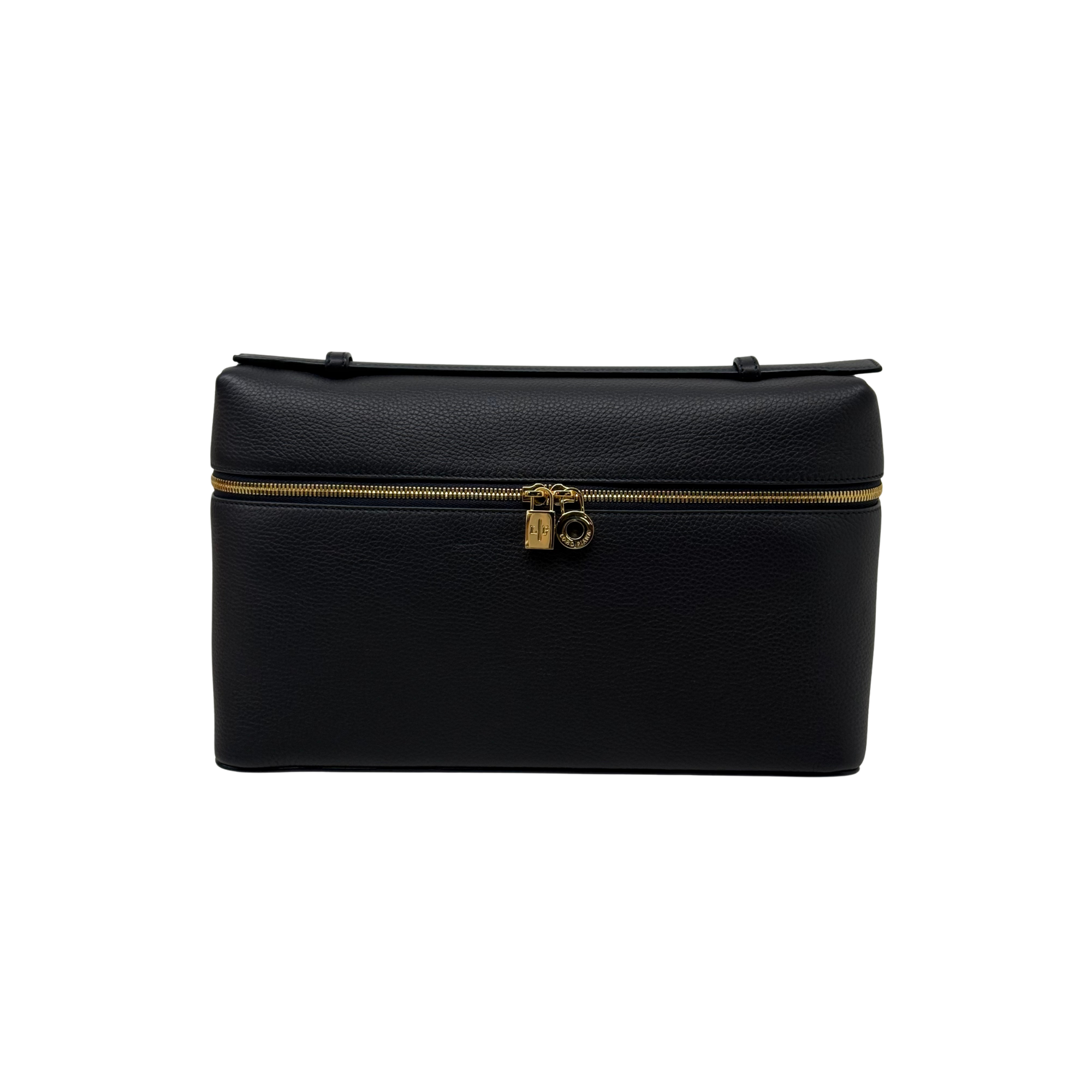 Leather zip pouch with gold zipper and clasp, top handle