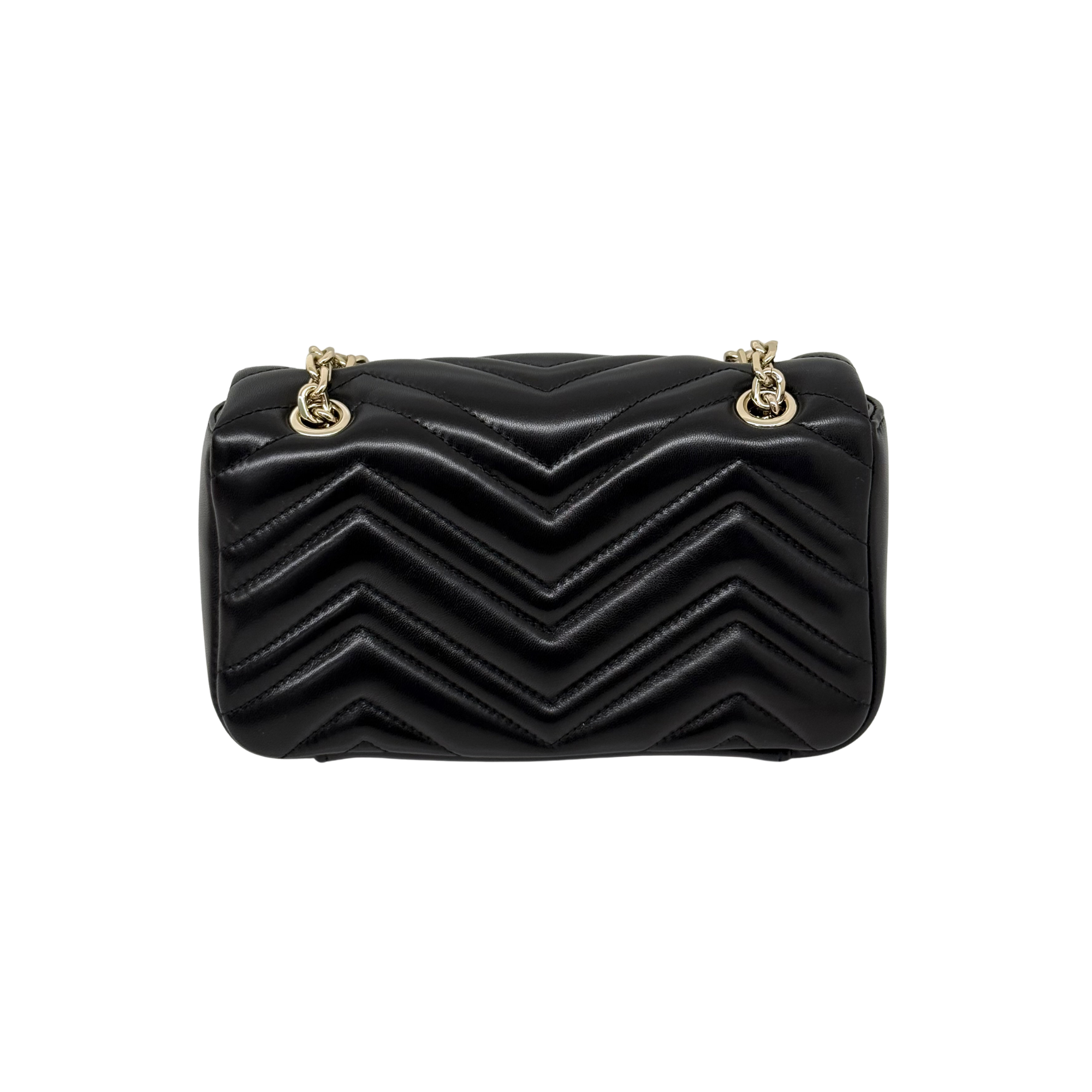 Gucci quilted shoulder bag with chevron pattern, black leather, and gold chain handles