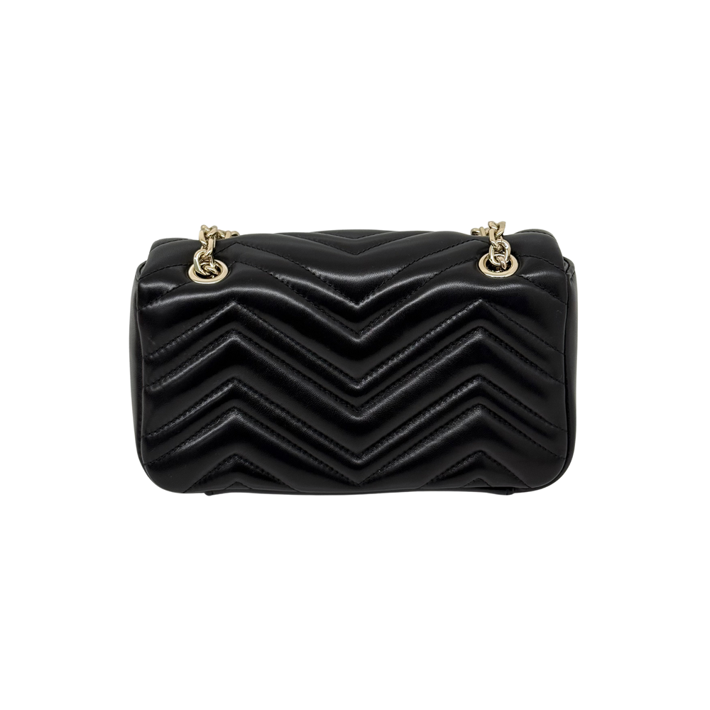 Gucci quilted shoulder bag with chevron pattern, black leather, and gold chain handles