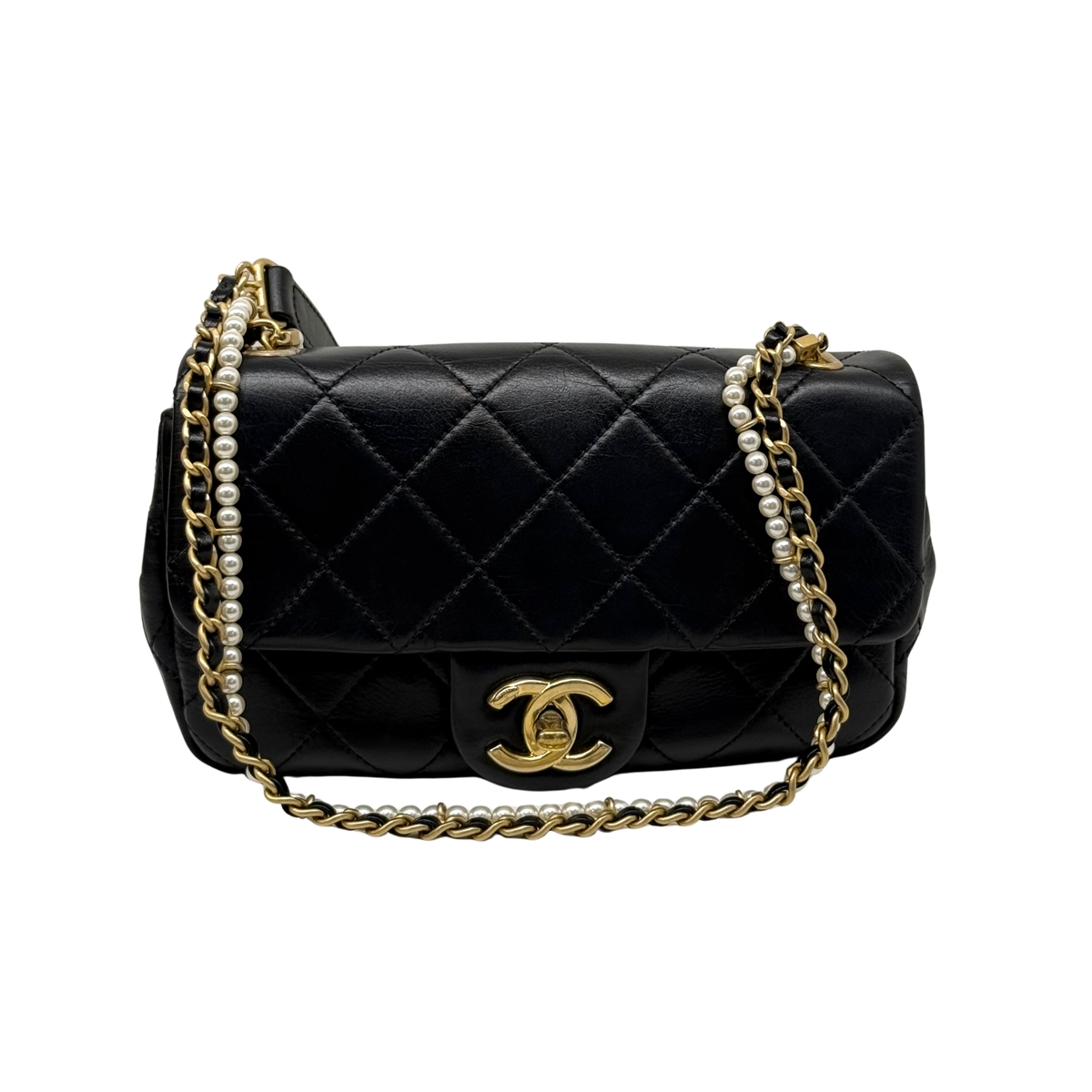 Chanel black bag with pearl strap