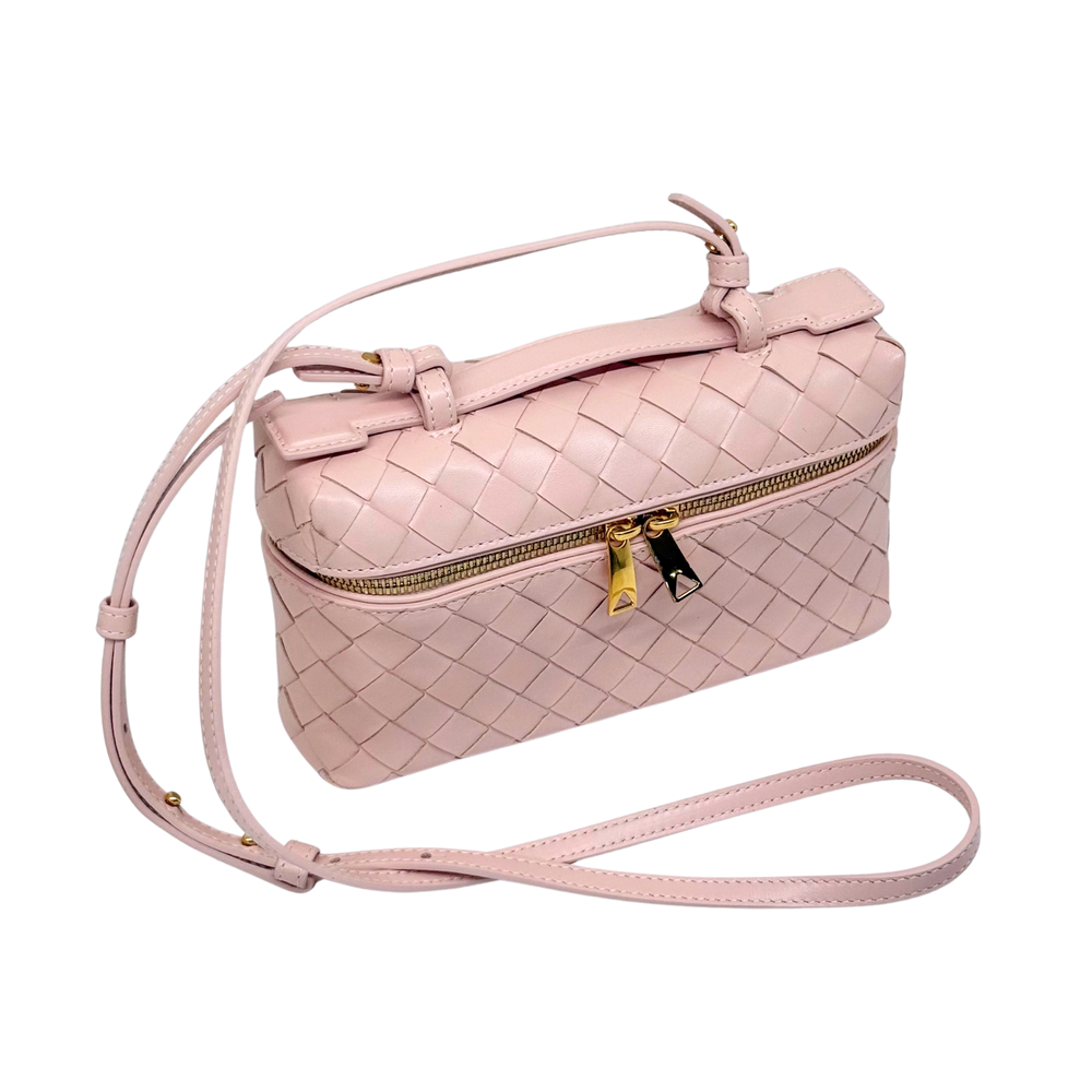 Bottega Veneta pale pink leather mini bag with crossbody strap and gold zipper