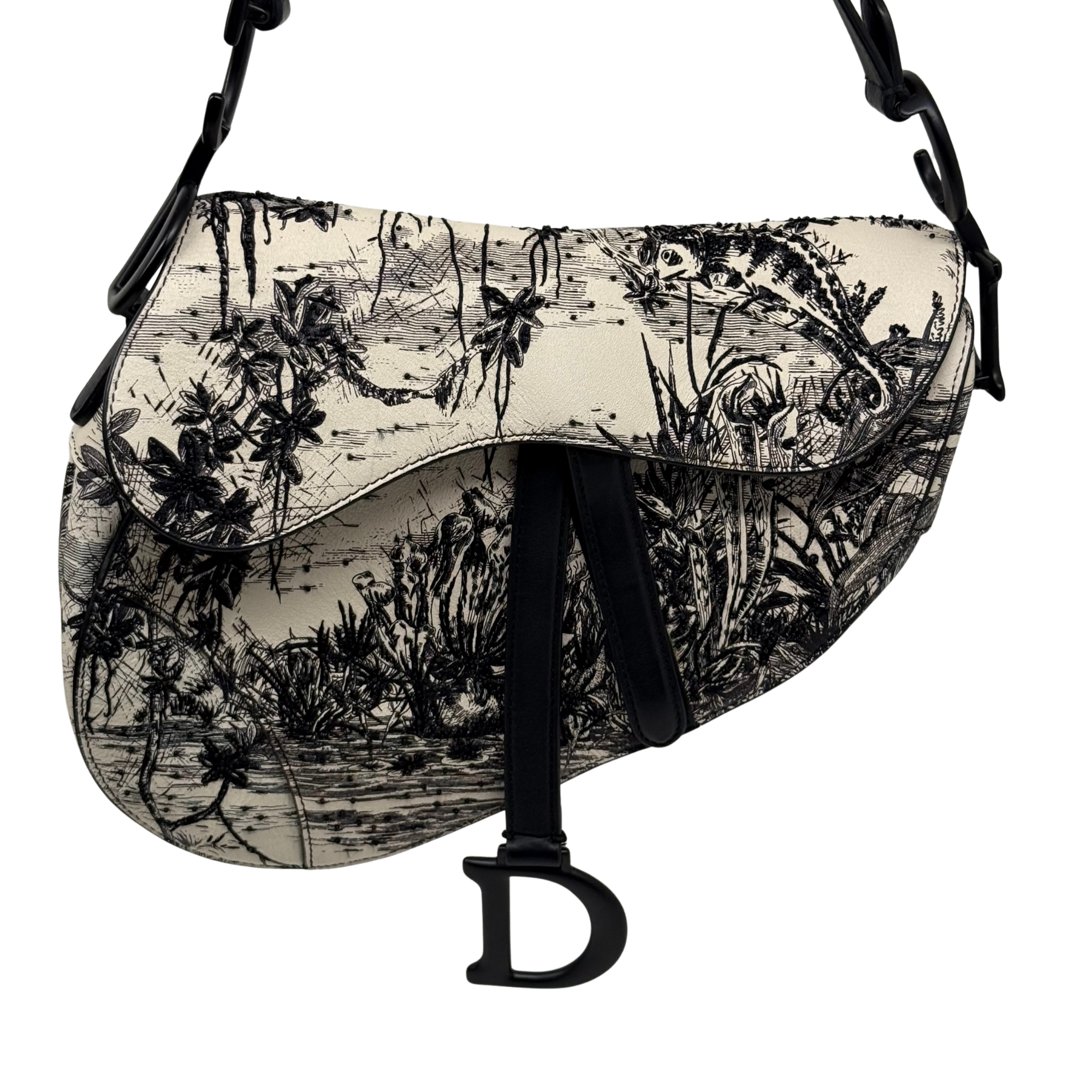 Christian Dior Calfskin Embroidered Palm Tree Toile De Jouy Saddle Bag White Black (pre-owned)
