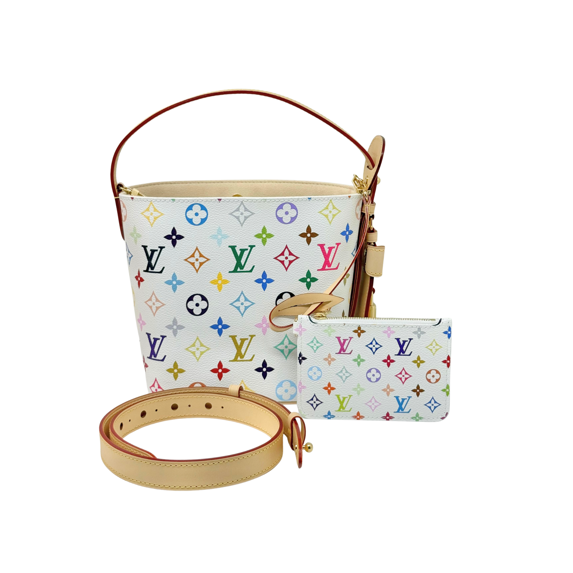 Multicolor monogram zip wristlet pouch with tan strap and matching small pouch