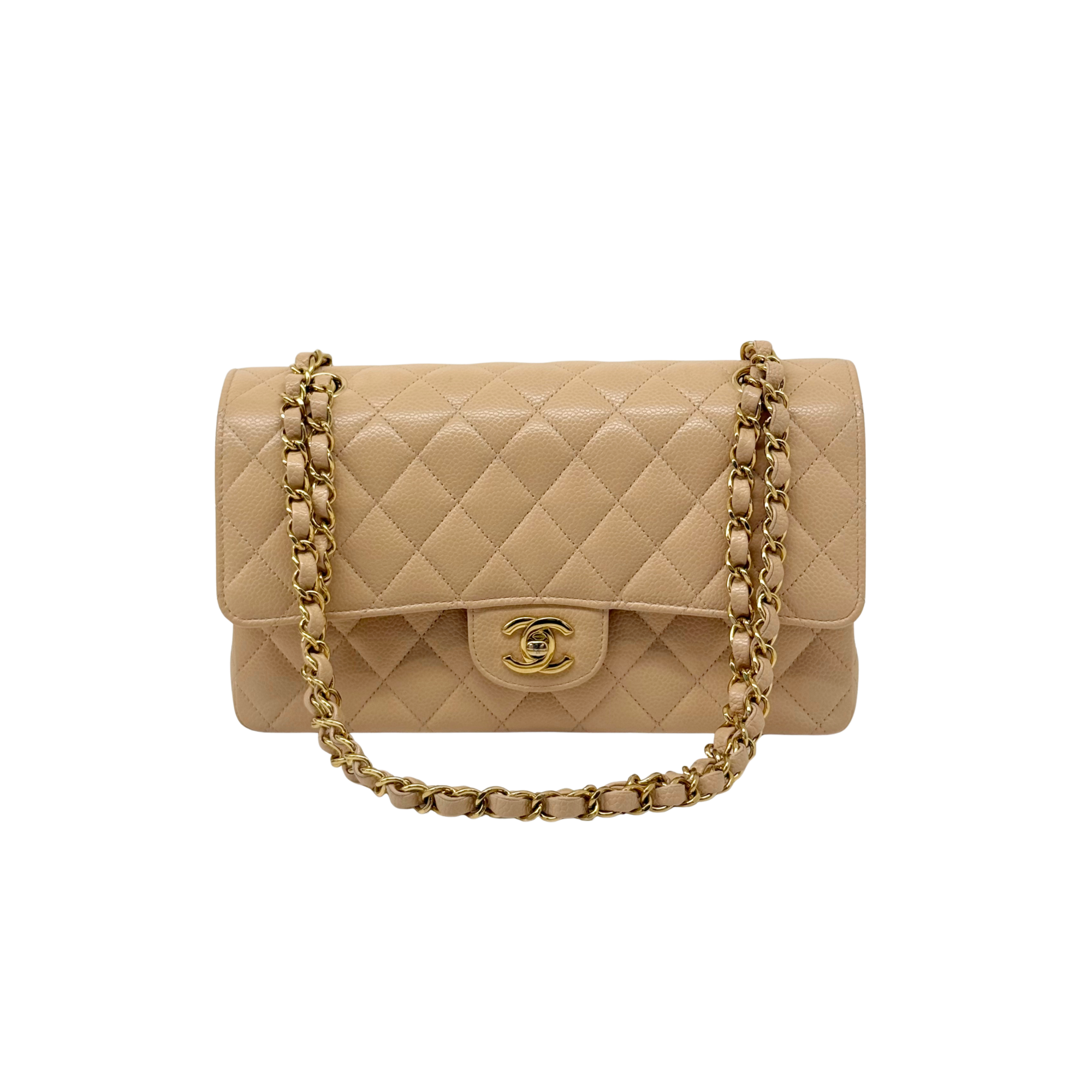 Chanel Beige Quilted Caviar Leather Medium Classic Double Flap Bag microchipped (pre-owned)