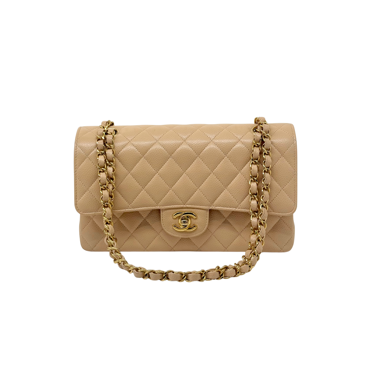 Chanel Beige Quilted Caviar Leather Medium Classic Double Flap Bag microchipped (pre-owned)