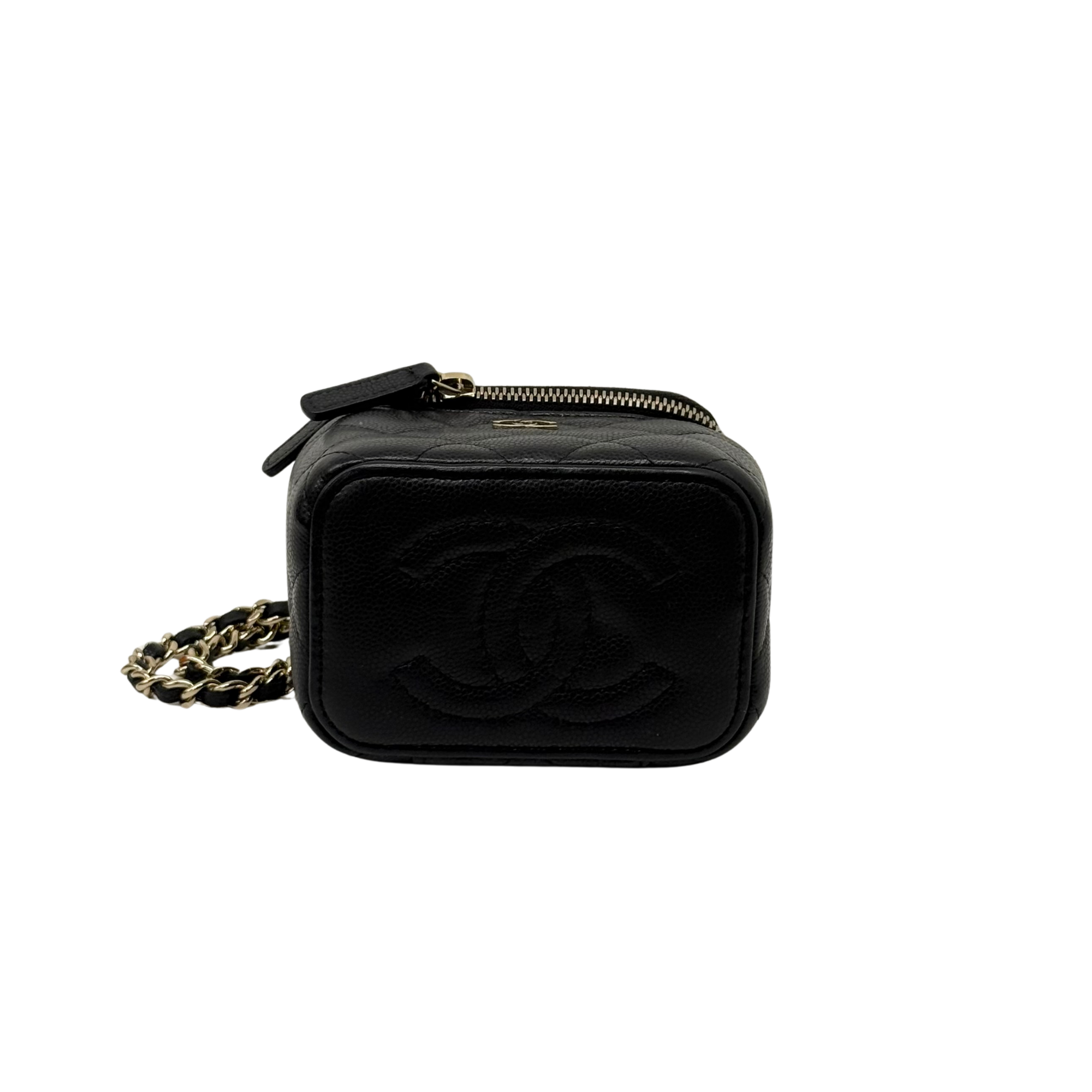 Pre-owned Chanel black quilted mini pouch side view with top zip and gold chain