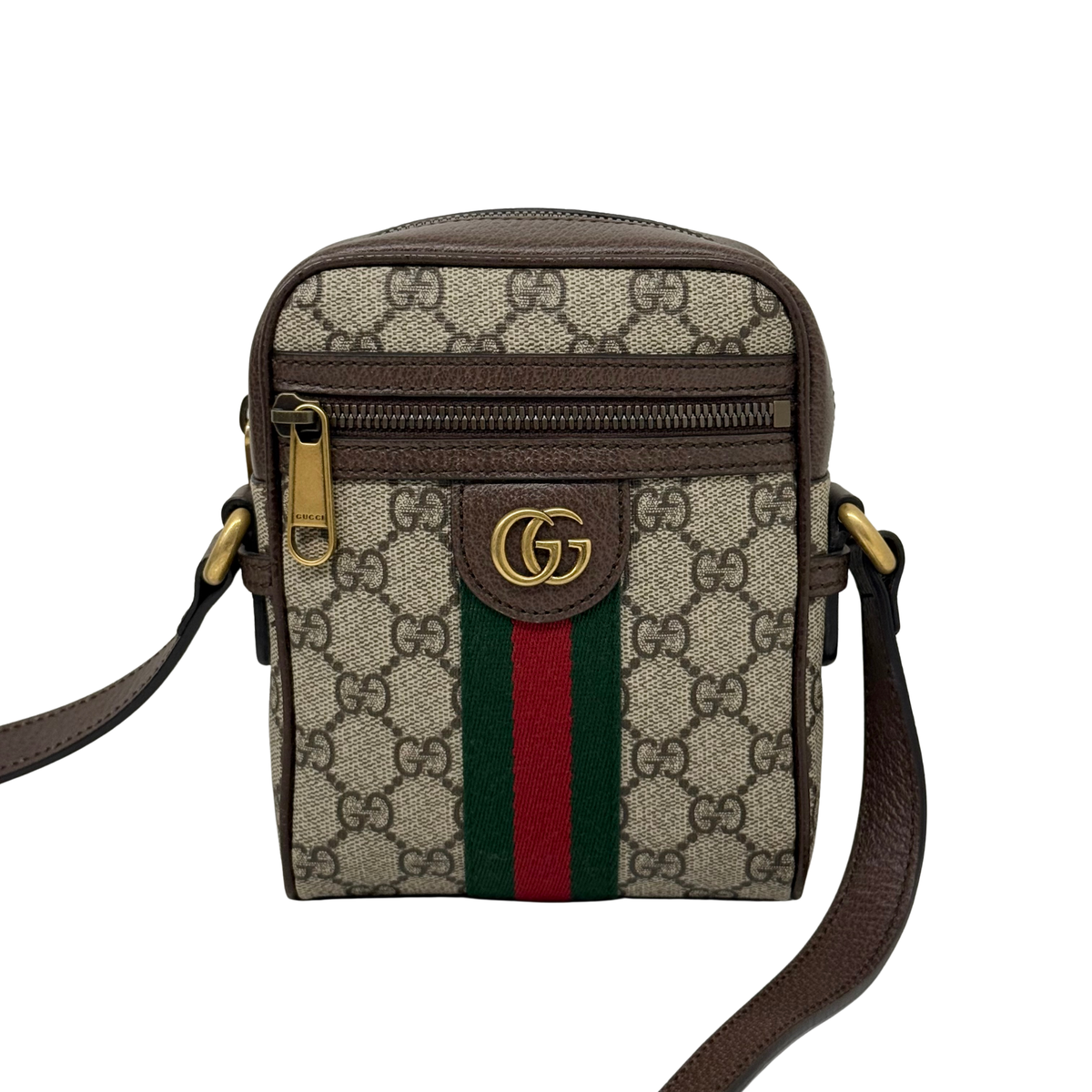 Gucci GG canvas crossbody bag with front zip, green-red stripe, gold logo clasp