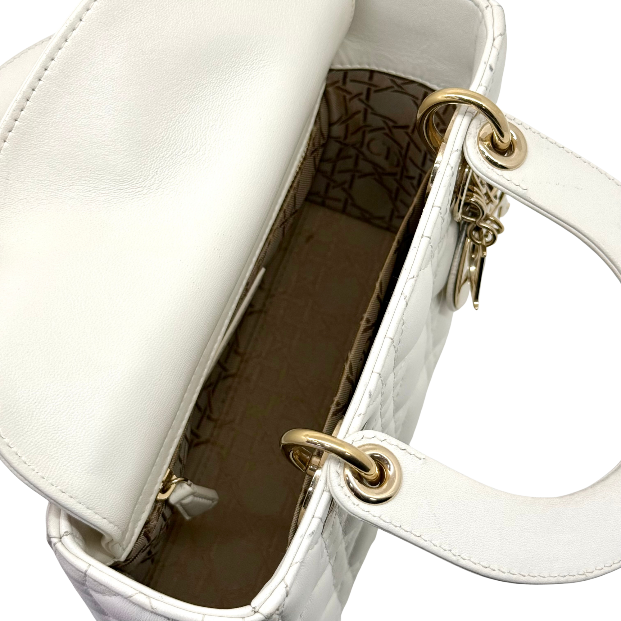 Dior Lady Dior Small White Cannage Lambskin Leather Top Handle Bag (pre-owned)