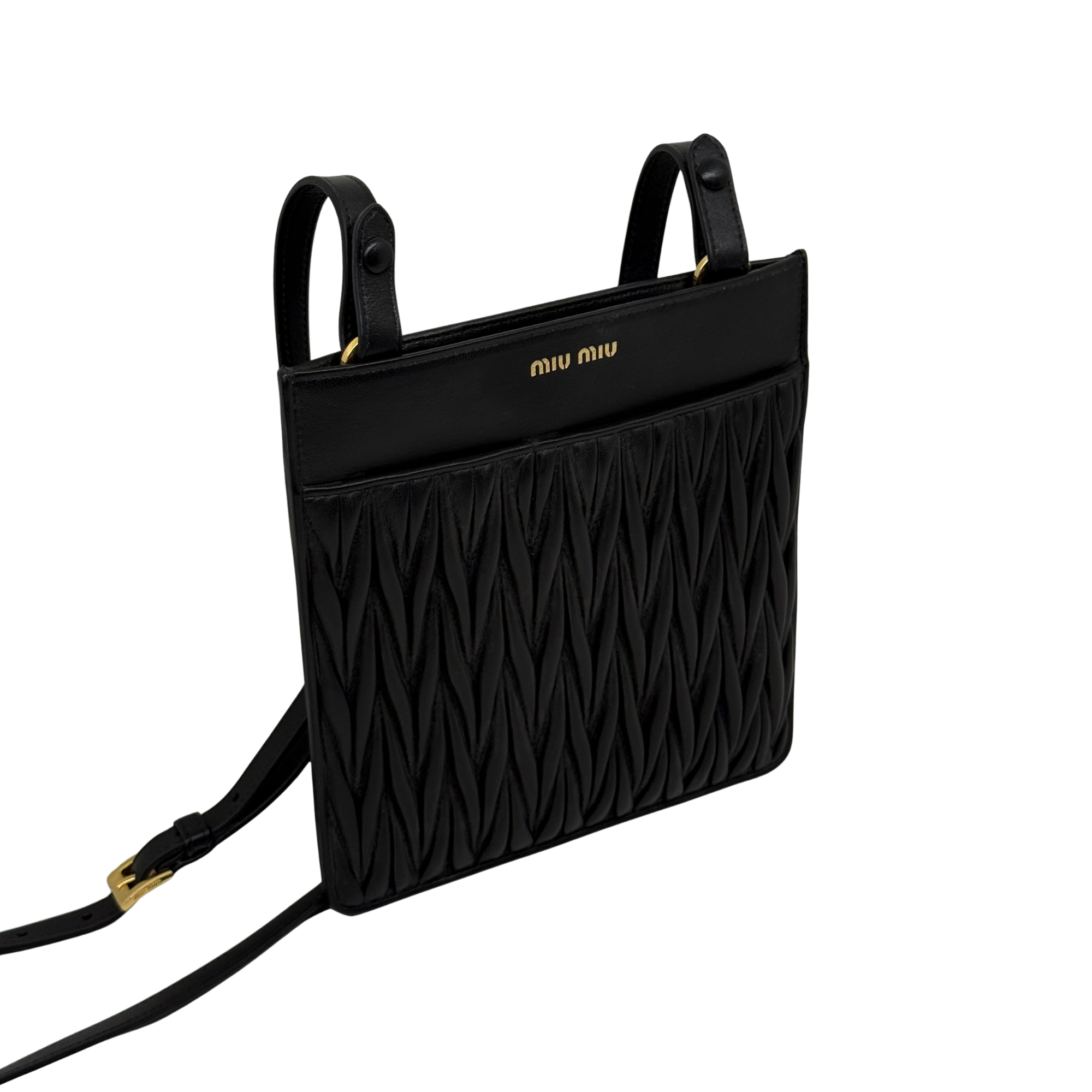 Black textured leather crossbody bag with Miu Miu logo on front