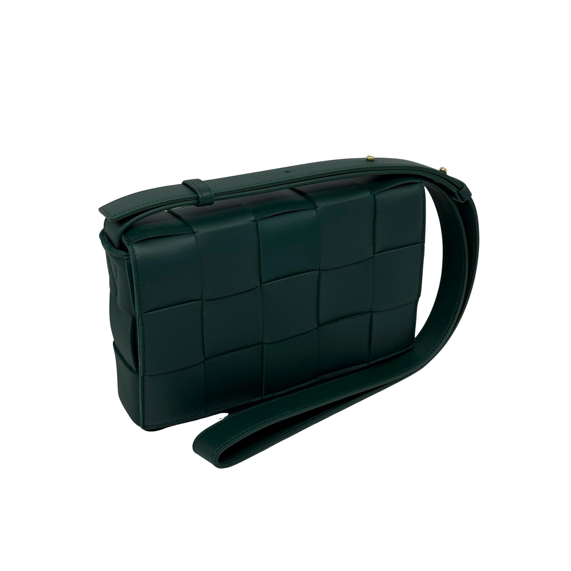 Green leather shoulder bag with woven front panels and top zip