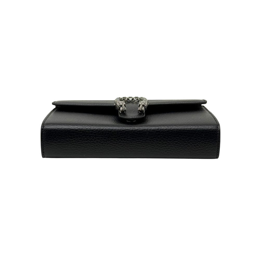Gucci black leather clutch with silver-tone chain and top clasp closure