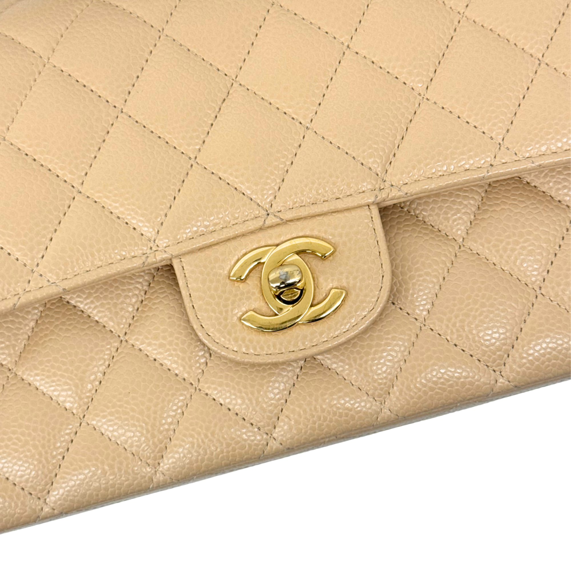 Chanel Beige Quilted Caviar Leather Medium Classic Double Flap Bag microchipped (pre-owned)